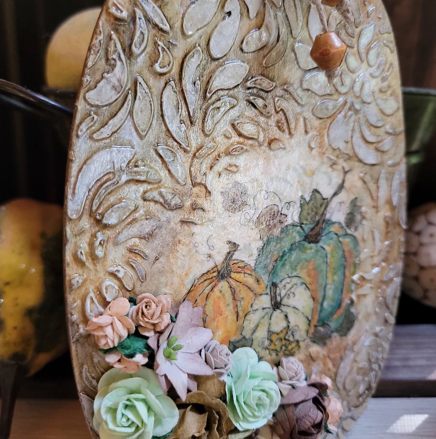 Orange Teal Cottage Pumpkin Wallhanging Decoupaged Mixed Media Art Ornament, Autumn-Fall Decor