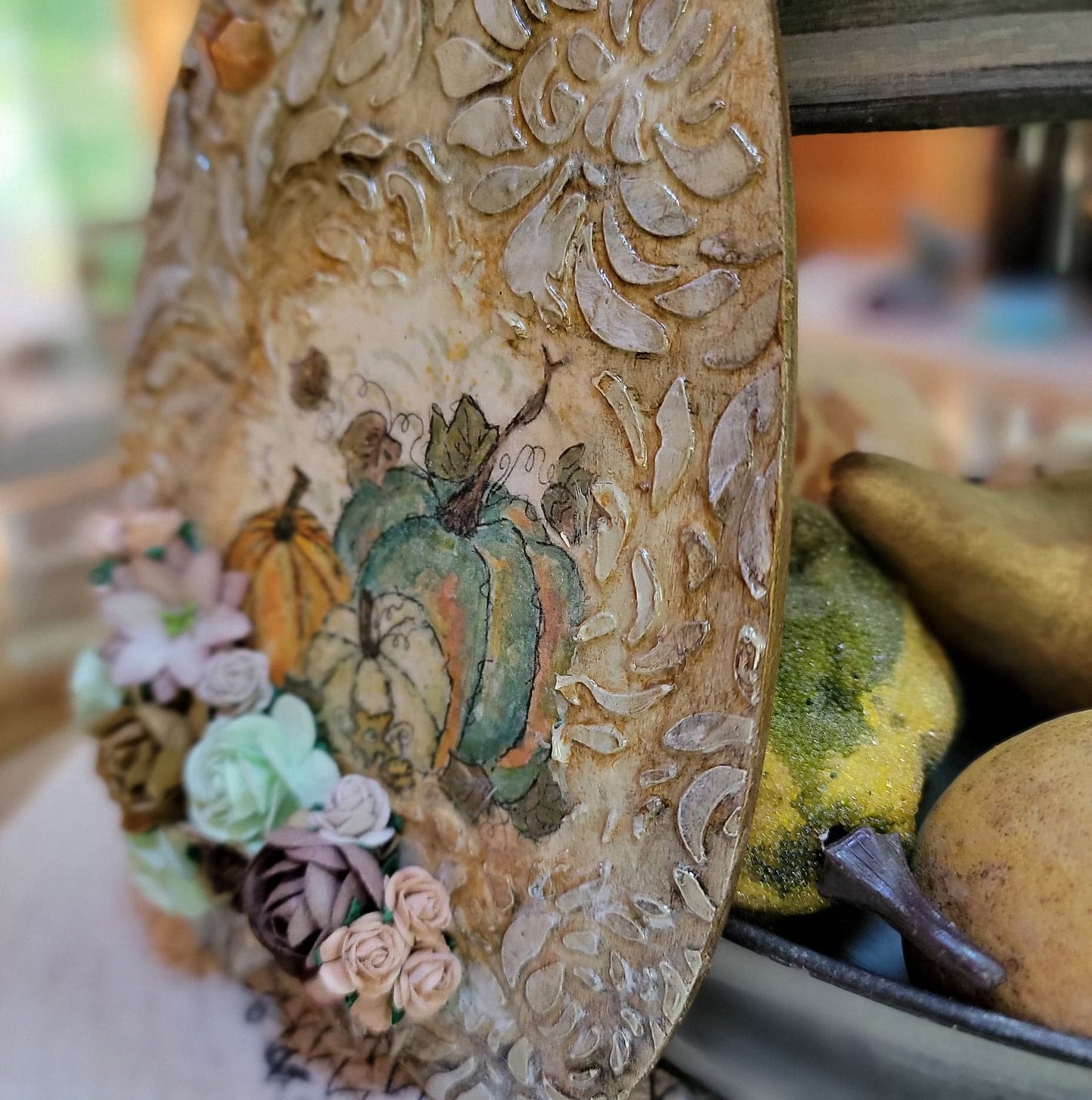 Orange Teal Cottage Pumpkin Wallhanging Decoupaged Mixed Media Art Ornament, Autumn-Fall Decor