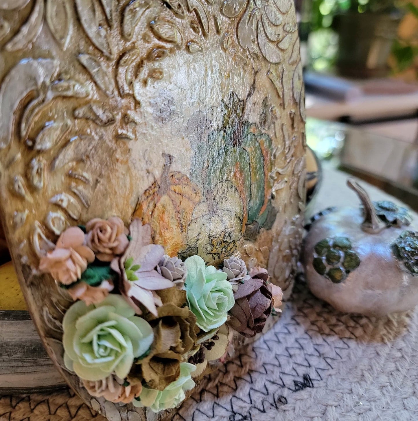 Orange Teal Cottage Pumpkin Wallhanging Decoupaged Mixed Media Art Ornament, Autumn-Fall Decor