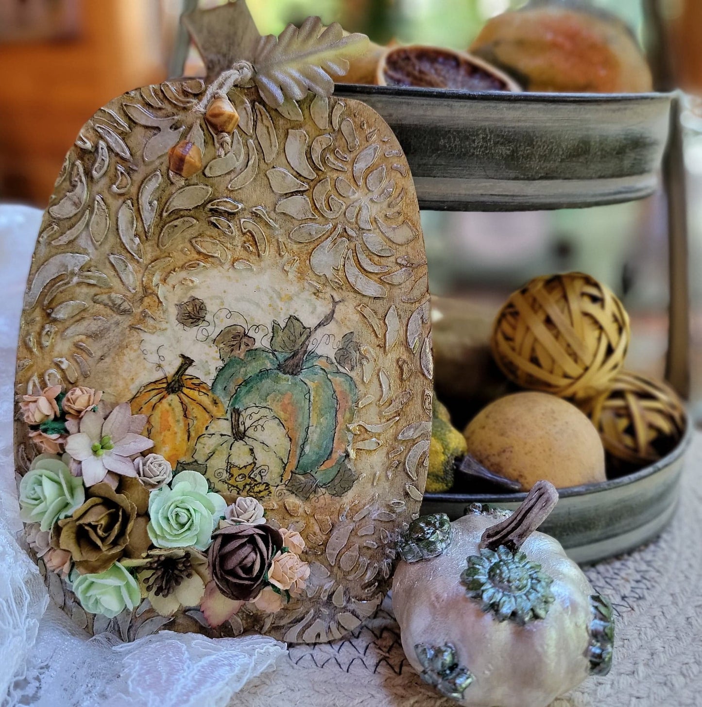 Orange Teal Cottage Pumpkin Wallhanging Decoupaged Mixed Media Art Ornament, Autumn-Fall Decor