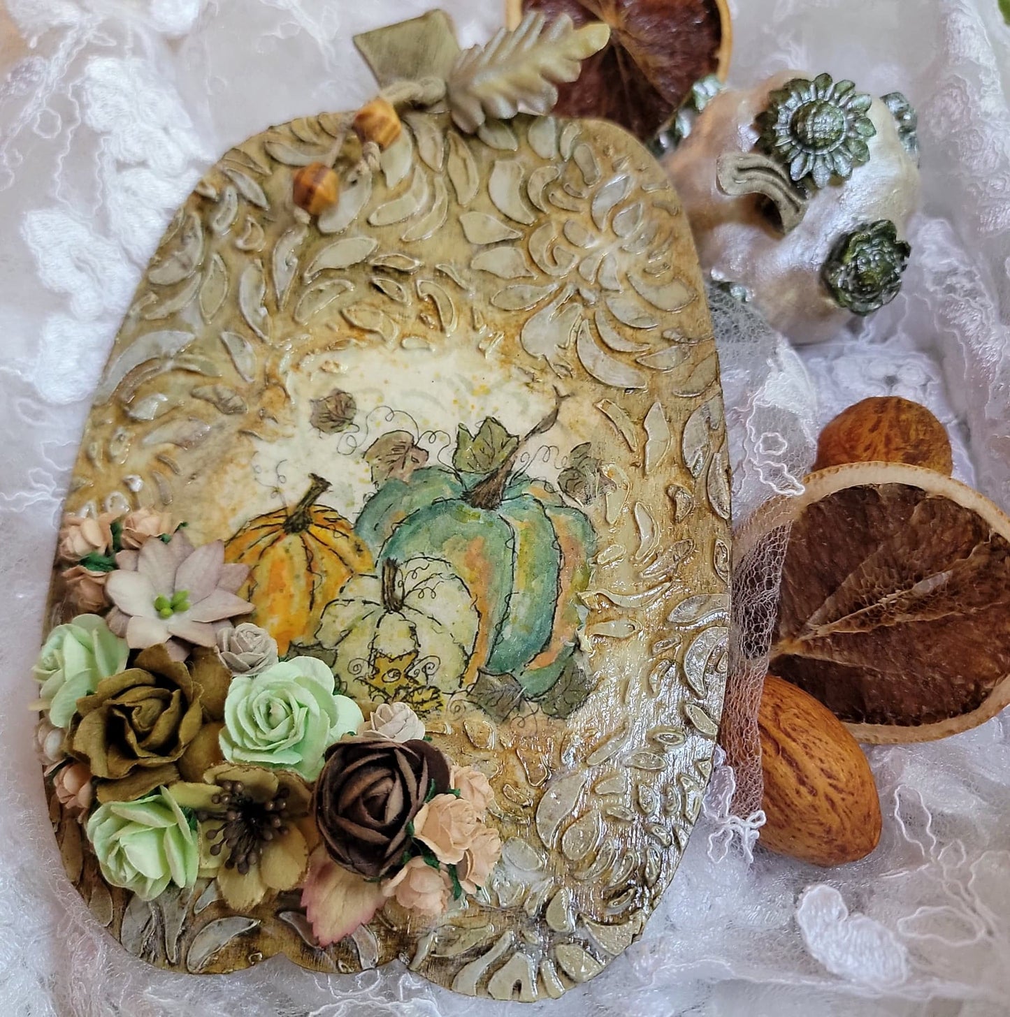 Orange Teal Cottage Pumpkin Wallhanging Decoupaged Mixed Media Art Ornament, Autumn-Fall Decor