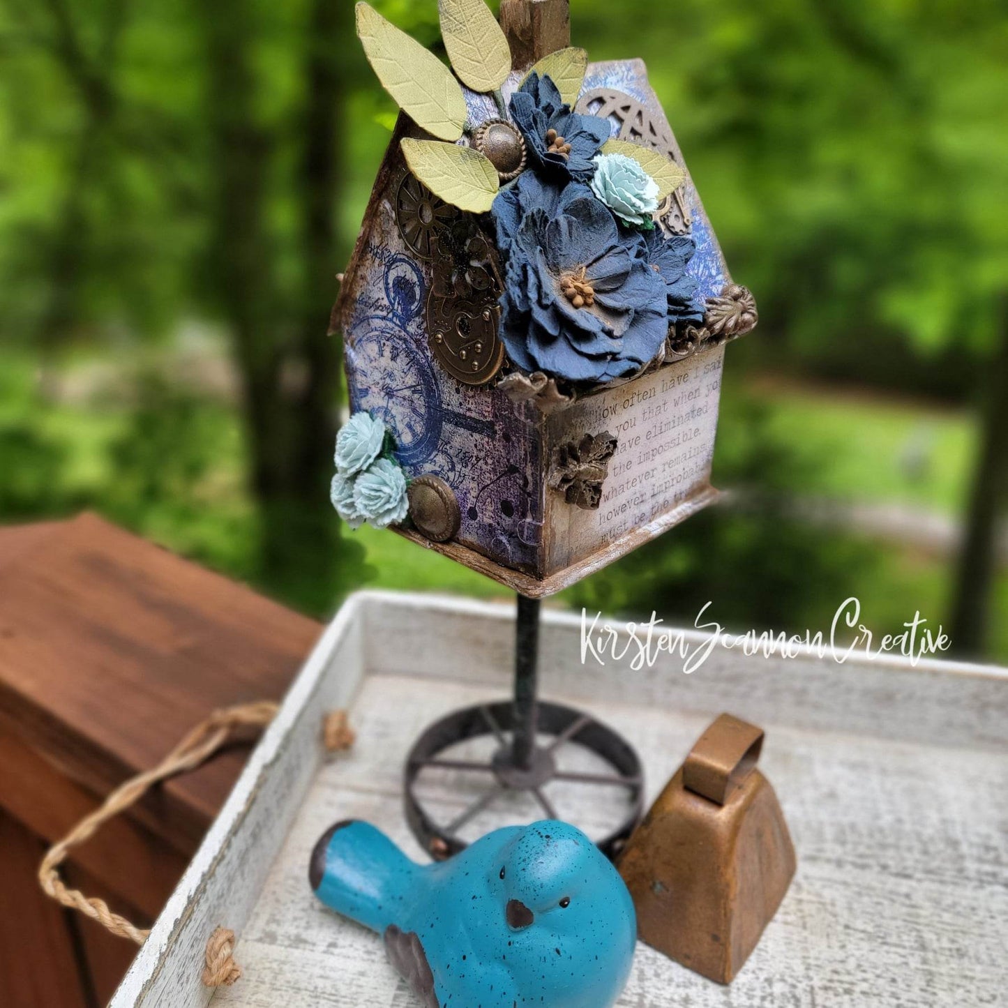 "Time Away" Blue Steampunk Birdhouse Handmade Artisanal Decor