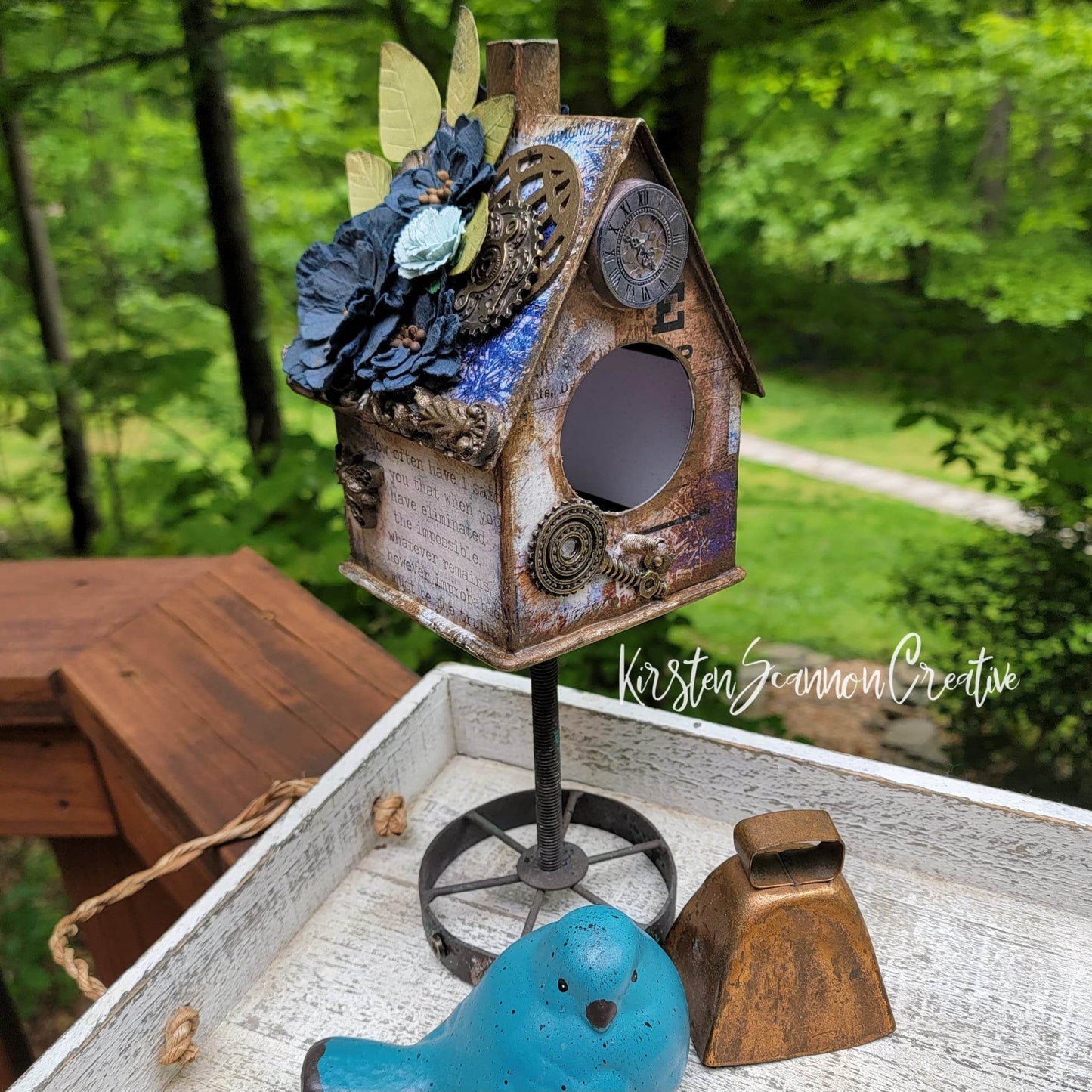 "Time Away" Blue Steampunk Birdhouse Handmade Artisanal Decor