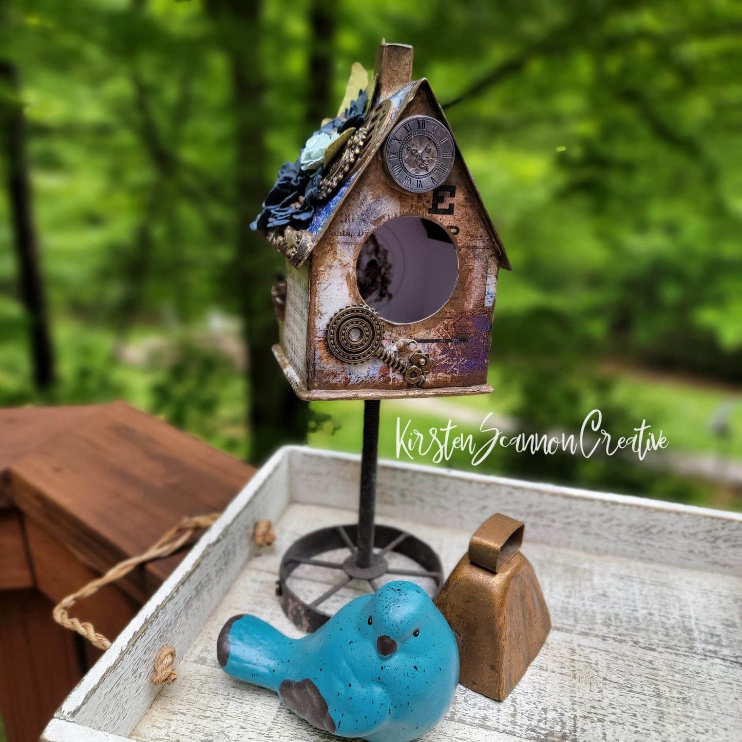 "Time Away" Blue Steampunk Birdhouse Handmade Artisanal Decor