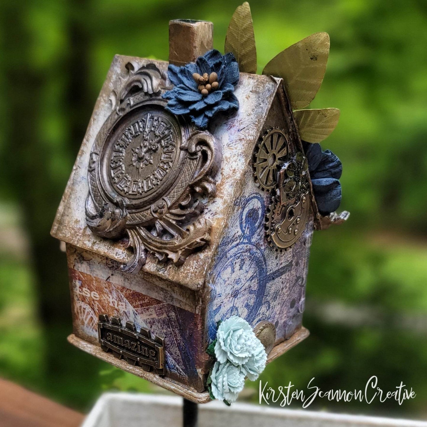 "Time Away" Blue Steampunk Birdhouse Handmade Artisanal Decor