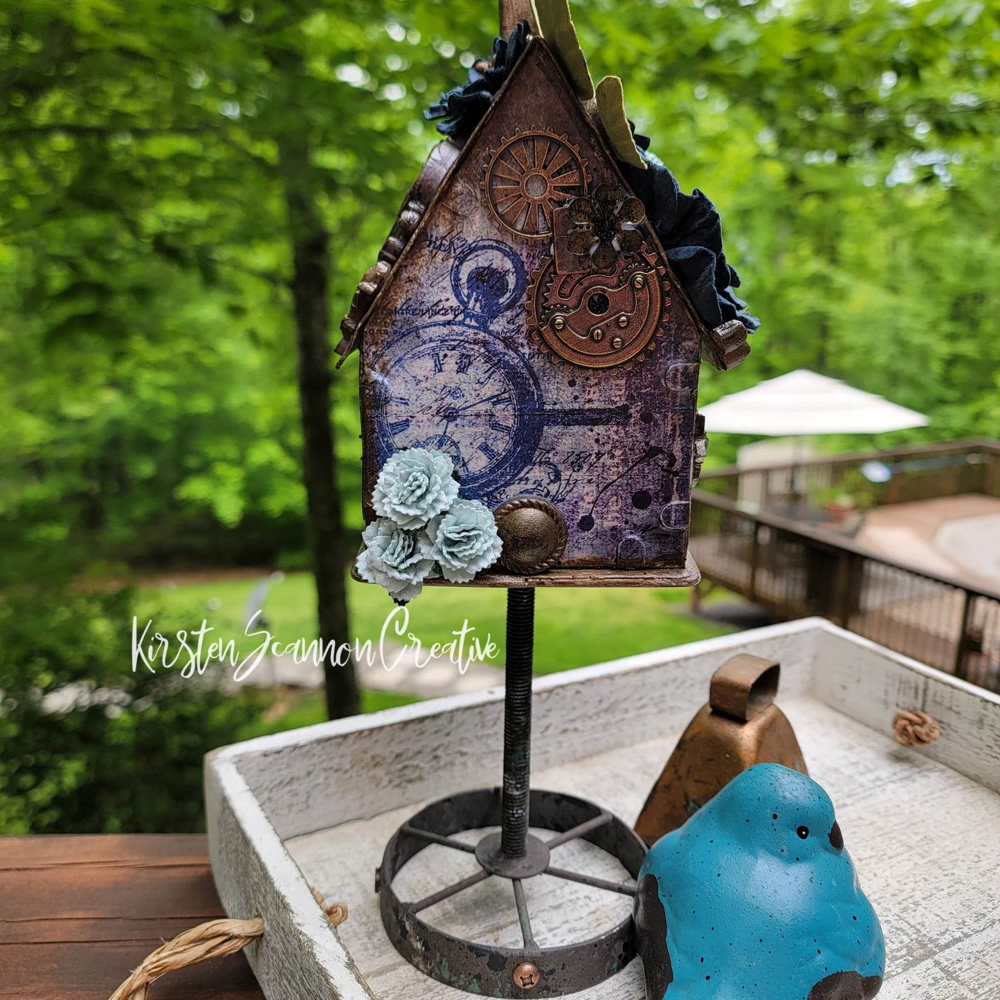 "Time Away" Blue Steampunk Birdhouse Handmade Artisanal Decor