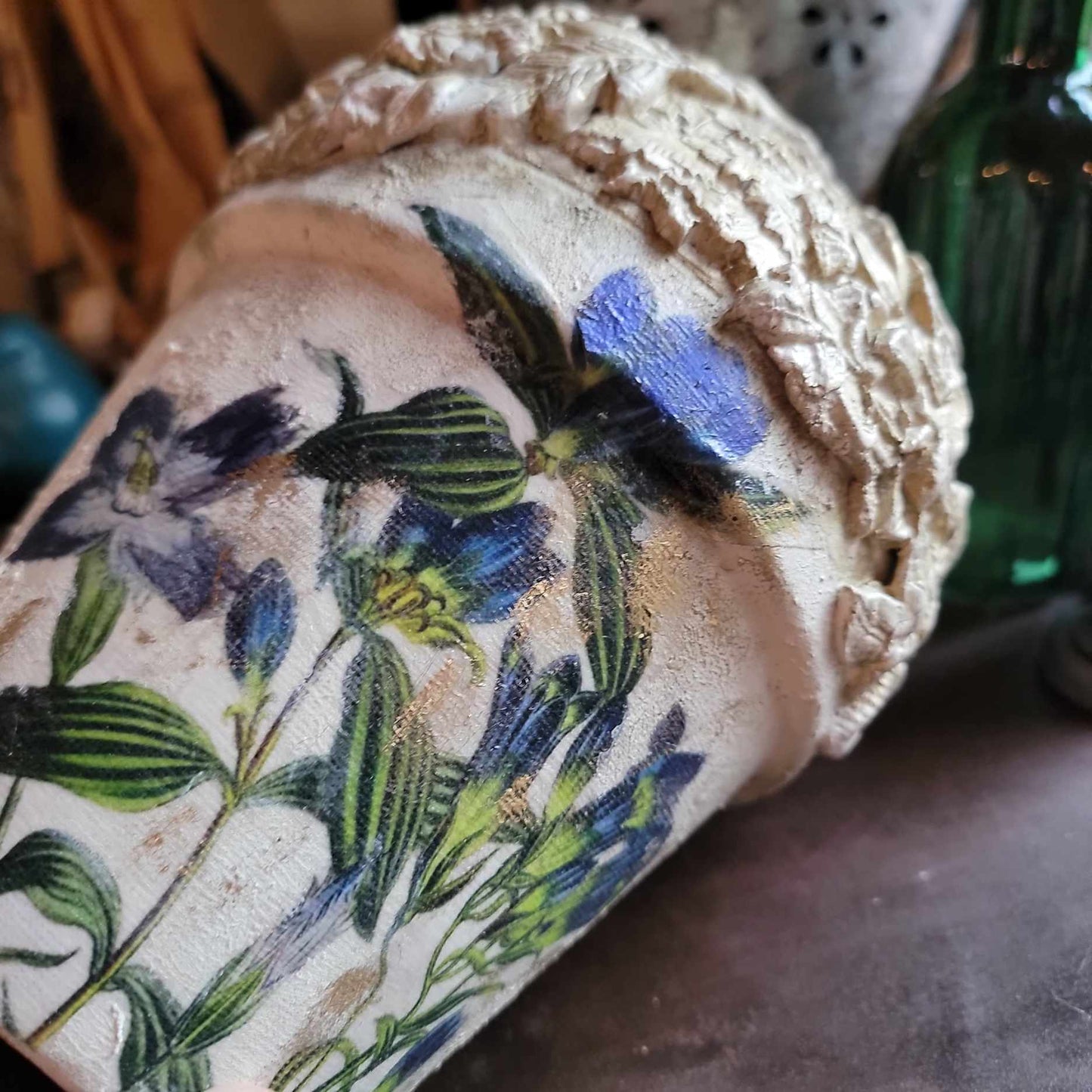 Blue & Gold Clay Floral Pot