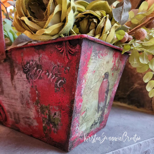 Red Floral, Bird & Butterfly Upcycled Galvanized Metal Bucket