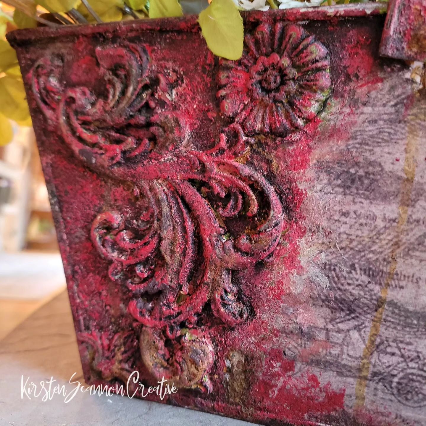 Red Floral, Bird & Butterfly Upcycled Galvanized Metal Bucket