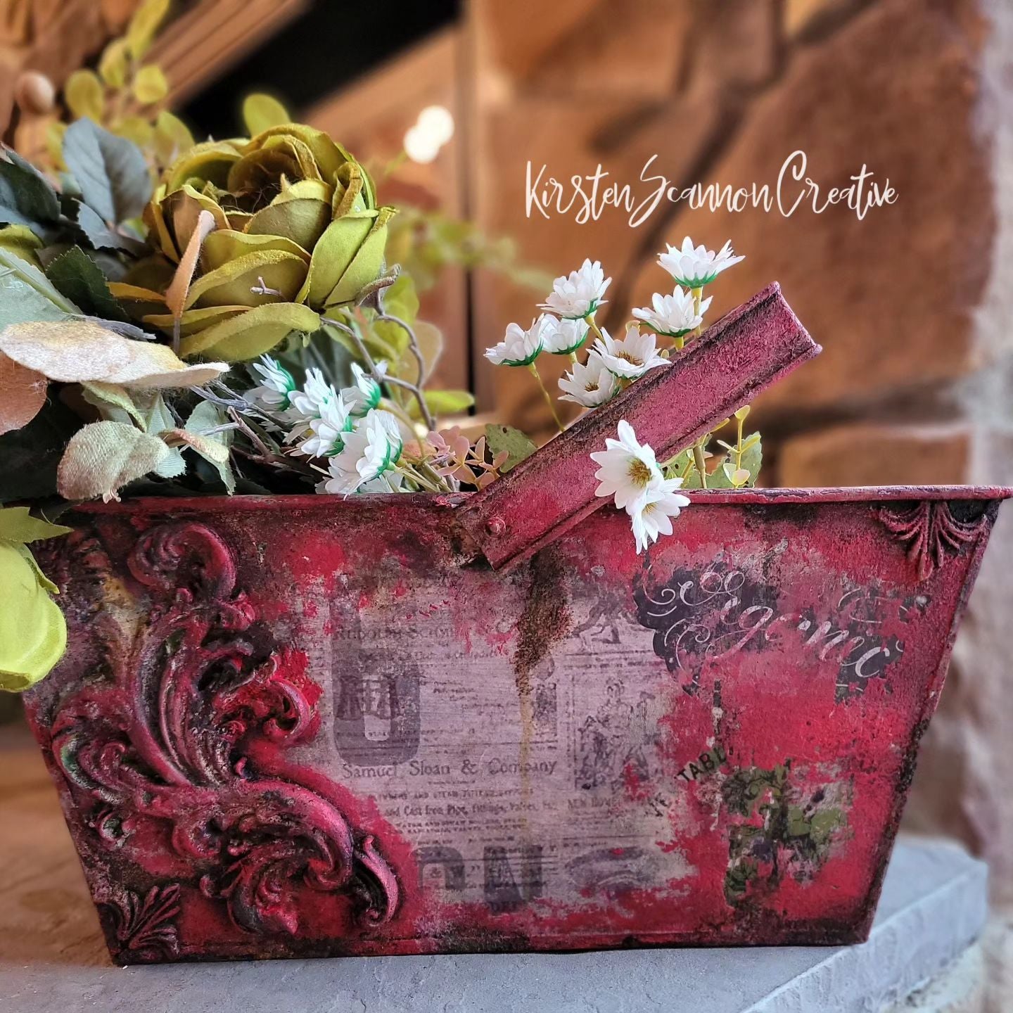 Red Floral, Bird & Butterfly Upcycled Galvanized Metal Bucket