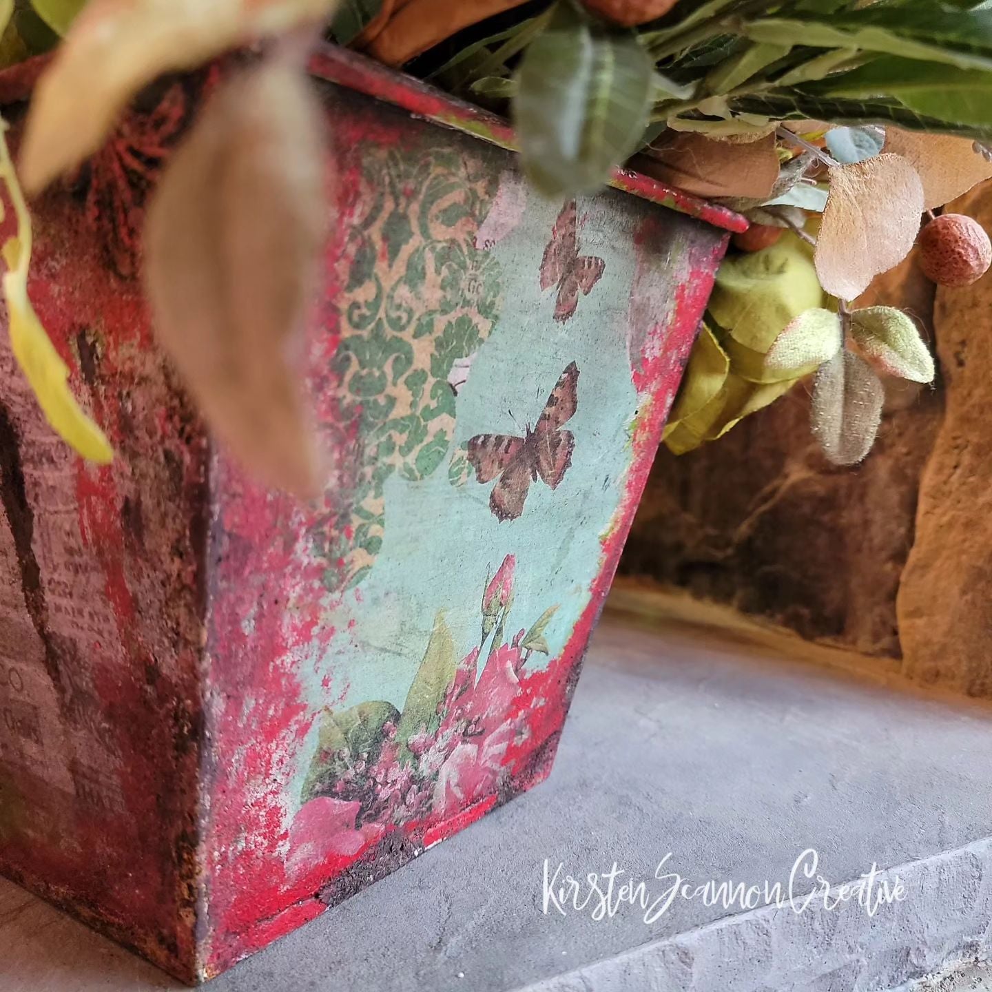 Red Floral, Bird & Butterfly Upcycled Galvanized Metal Bucket