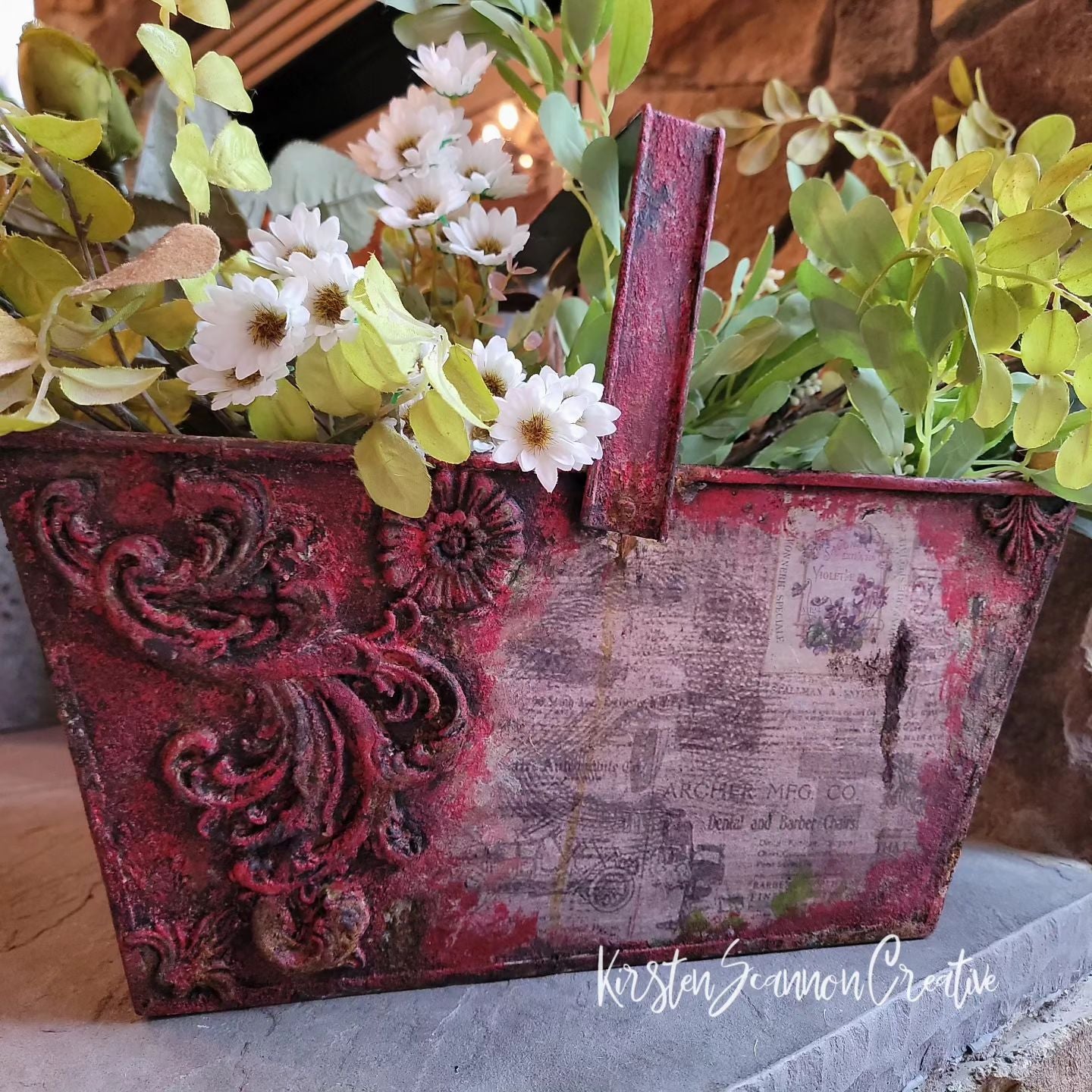 Red Floral, Bird & Butterfly Upcycled Galvanized Metal Bucket