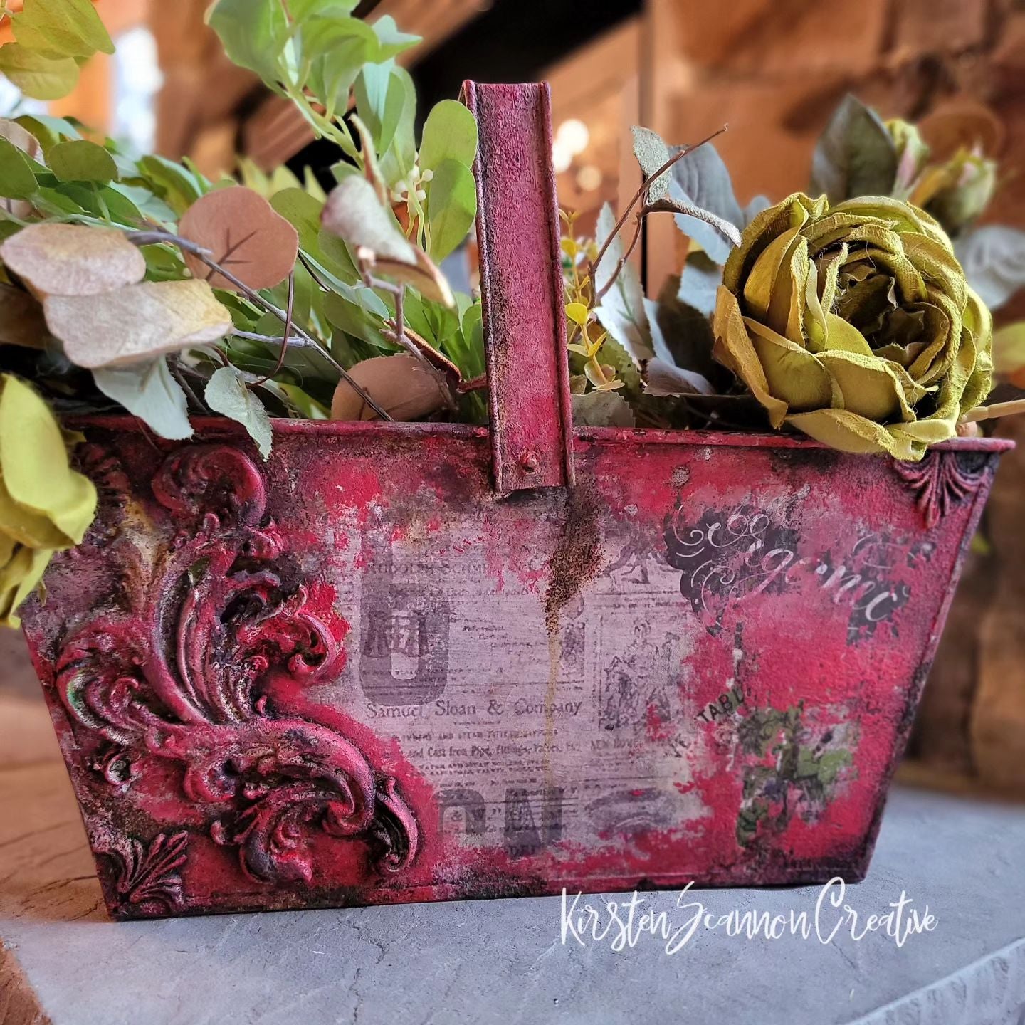 Red Floral, Bird & Butterfly Upcycled Galvanized Metal Bucket