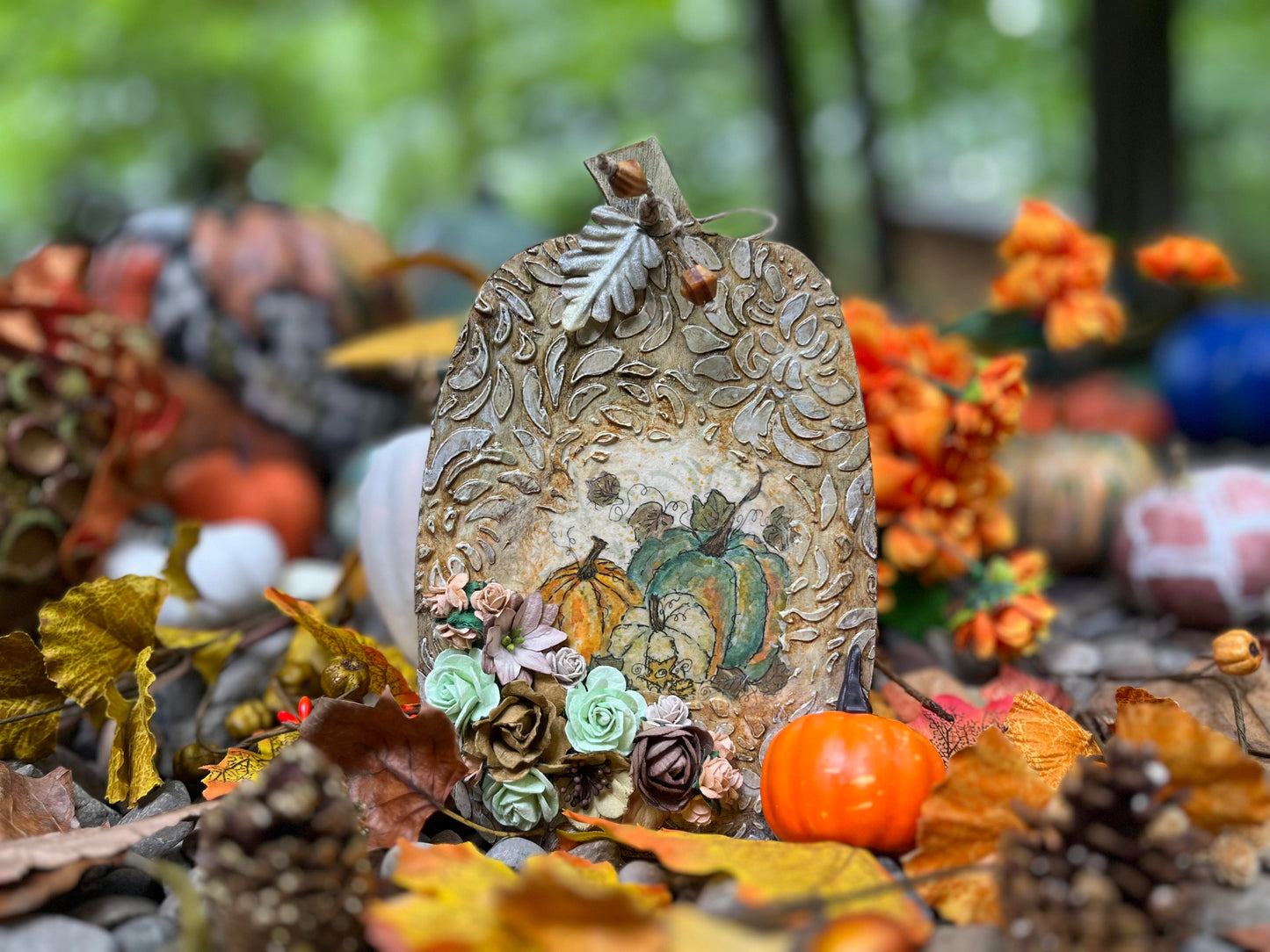 Orange Teal Cottage Pumpkin Wallhanging Decoupaged Mixed Media Art Ornament, Autumn-Fall Decor
