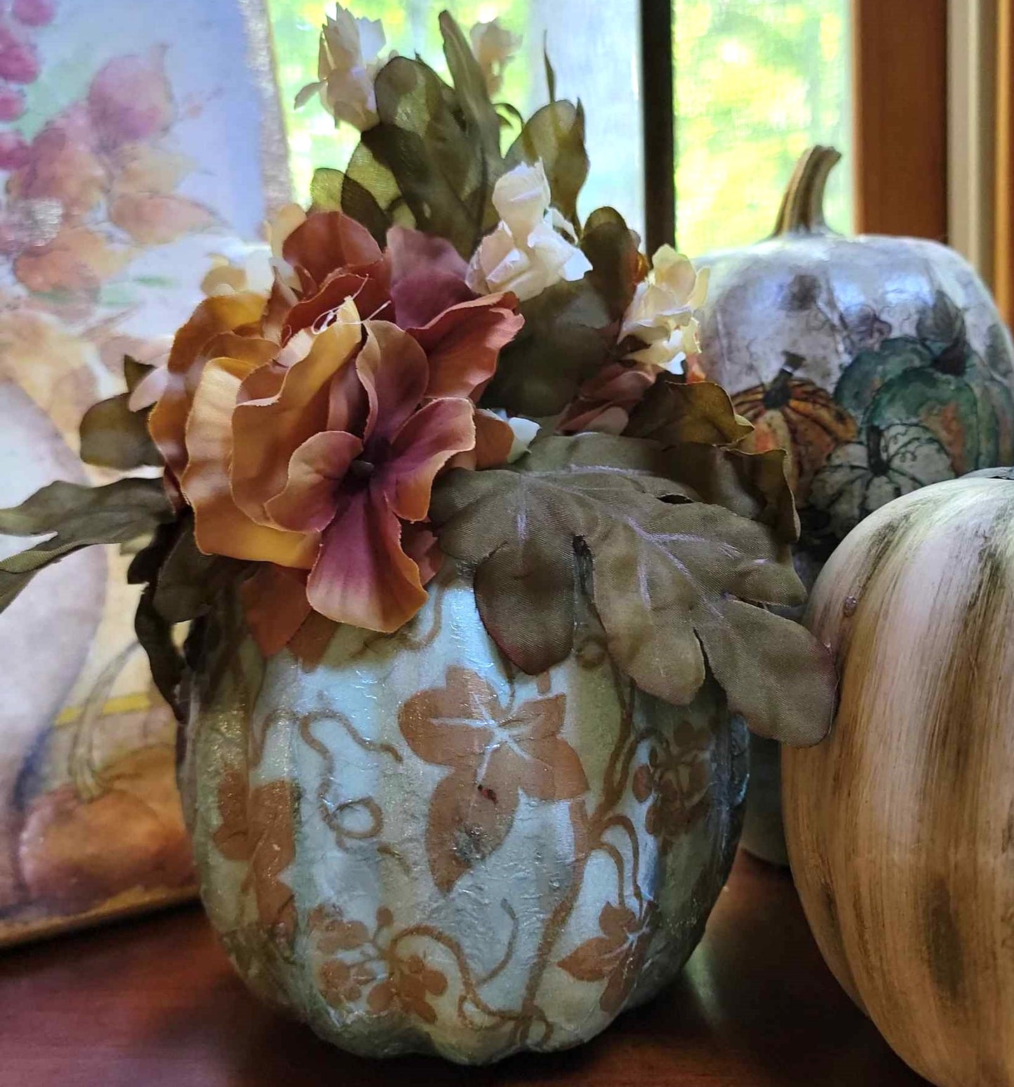 Grape Leaf Decoupaged Decorated Floral Foam Pumpkin Table Décor - Home Décor - Autumn - Fall