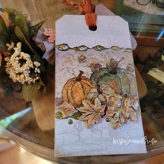 Pumpkin & Leaves Tag Decoupaged Mixed Media Art Wallhanging Ornament, Autumn-Fall Decor