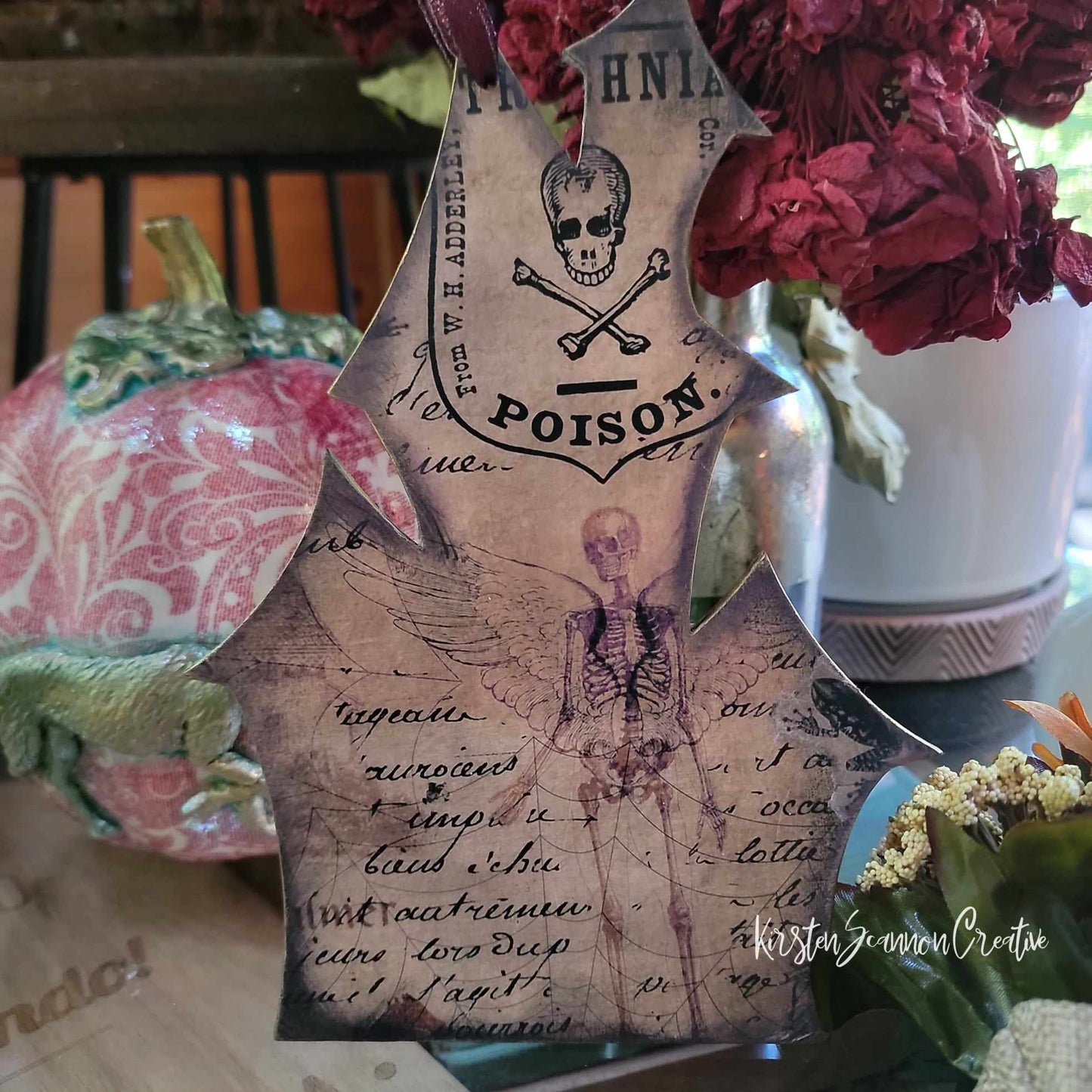 Spooky Haunted House Wallhanging Decoupaged Mixed Media Art Ornament, Autumn-Fall-Halloween Decor