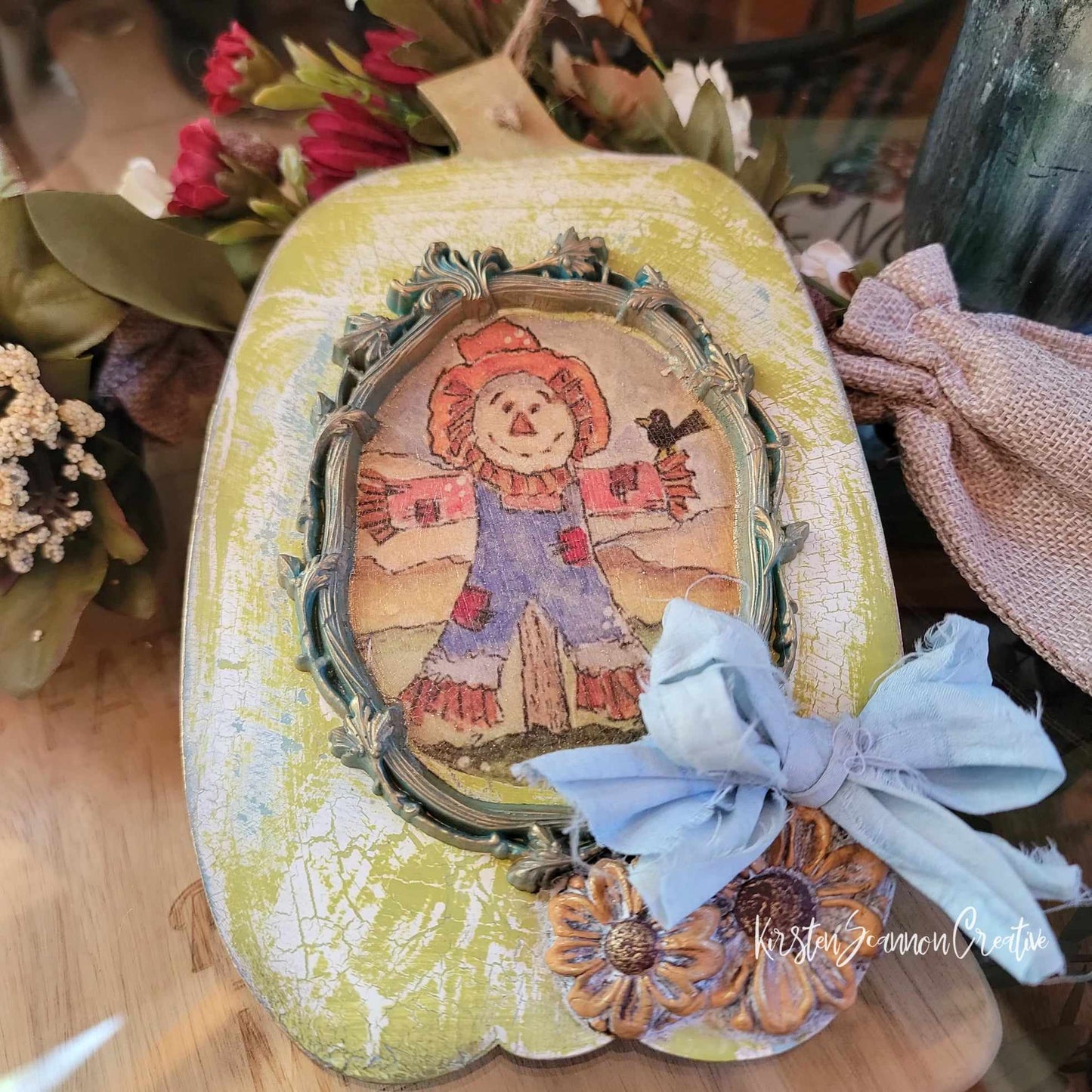 Scarecrow Pumpkin Wallhanging Decoupaged Mixed Media Art Ornament, Autumn-Fall Decor