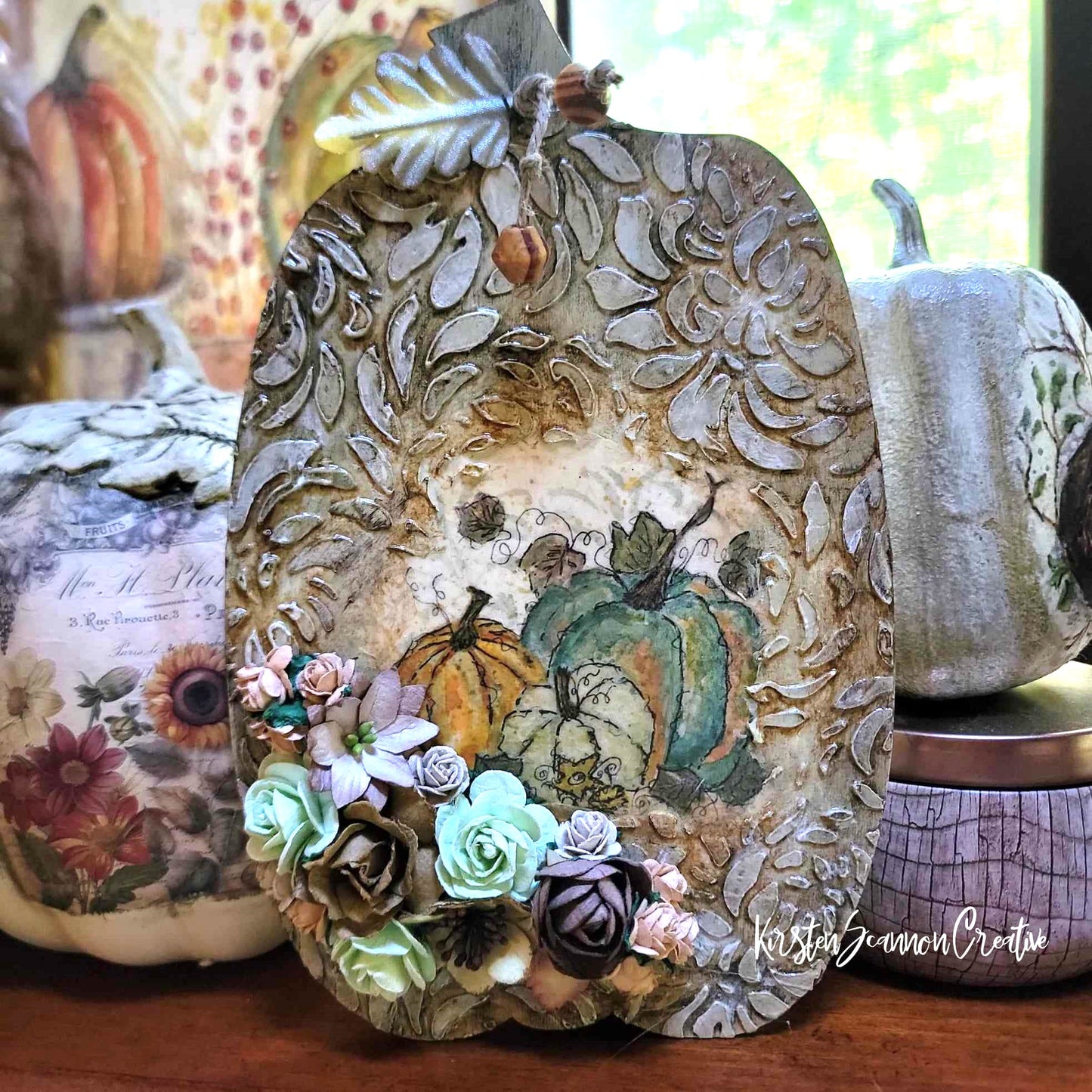 Orange Teal Cottage Pumpkin Wallhanging Decoupaged Mixed Media Art Ornament, Autumn-Fall Decor