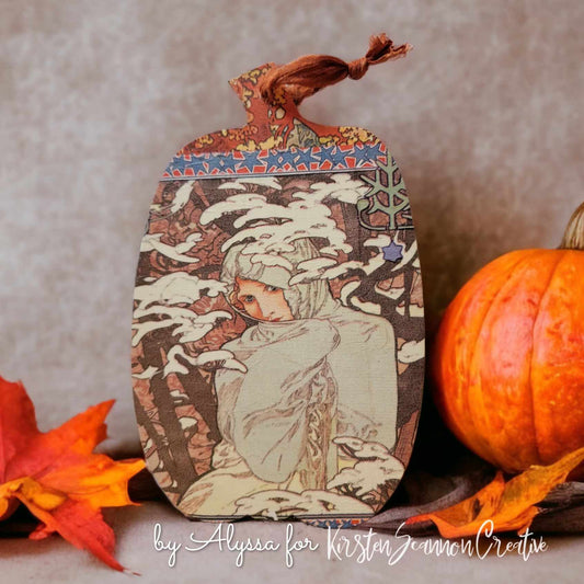 Alyssa's Mystery Woman Pumpkin Wallhanging Decoupaged Mixed Media Art Ornament, Autumn-Fall Decor