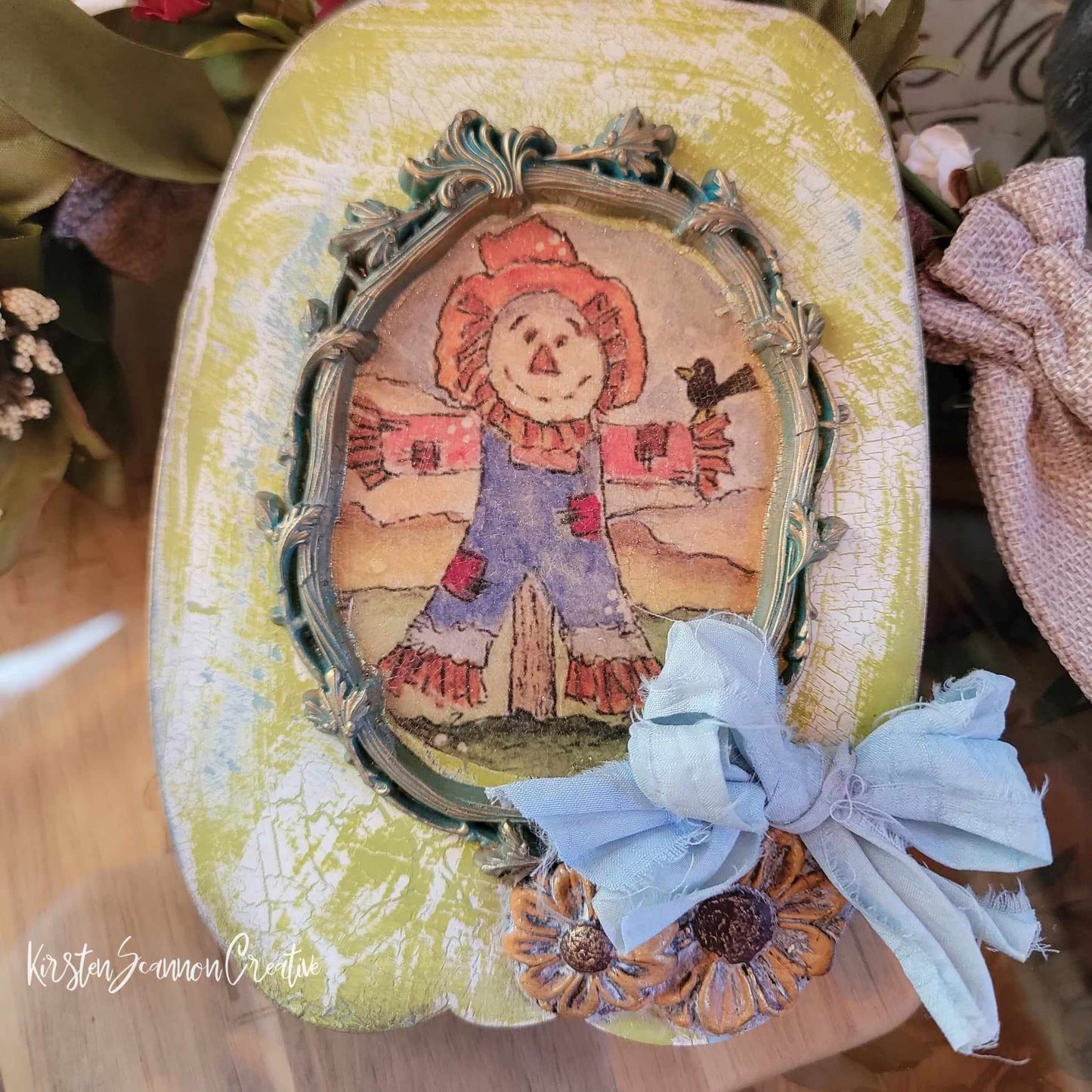 Scarecrow Pumpkin Wallhanging Decoupaged Mixed Media Art Ornament, Autumn-Fall Decor