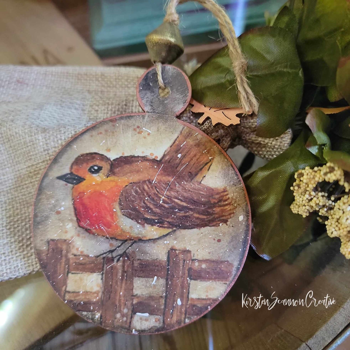 Bird on a Fence Decoupaged Ornament, Autumn-Fall Decor