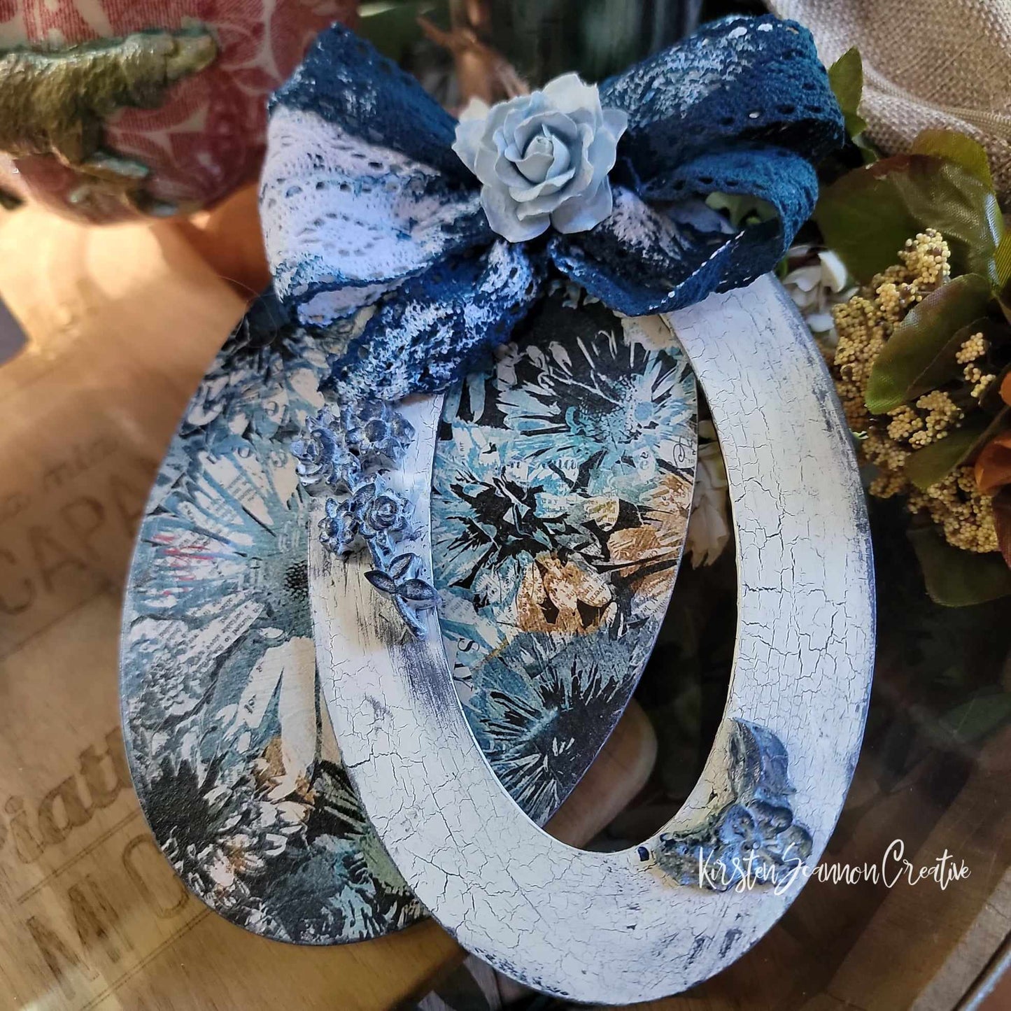 Floral Decoupaged Mixed Media Art Wallhanging Ornament, Autumn-Fall Decor