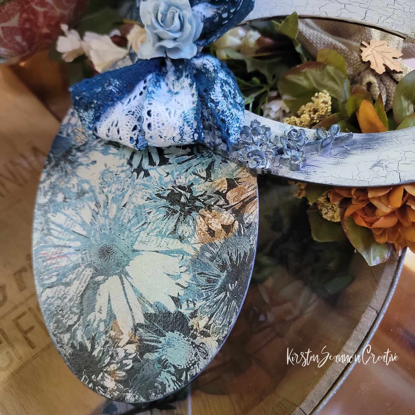 Floral Decoupaged Mixed Media Art Wallhanging Ornament, Autumn-Fall Decor