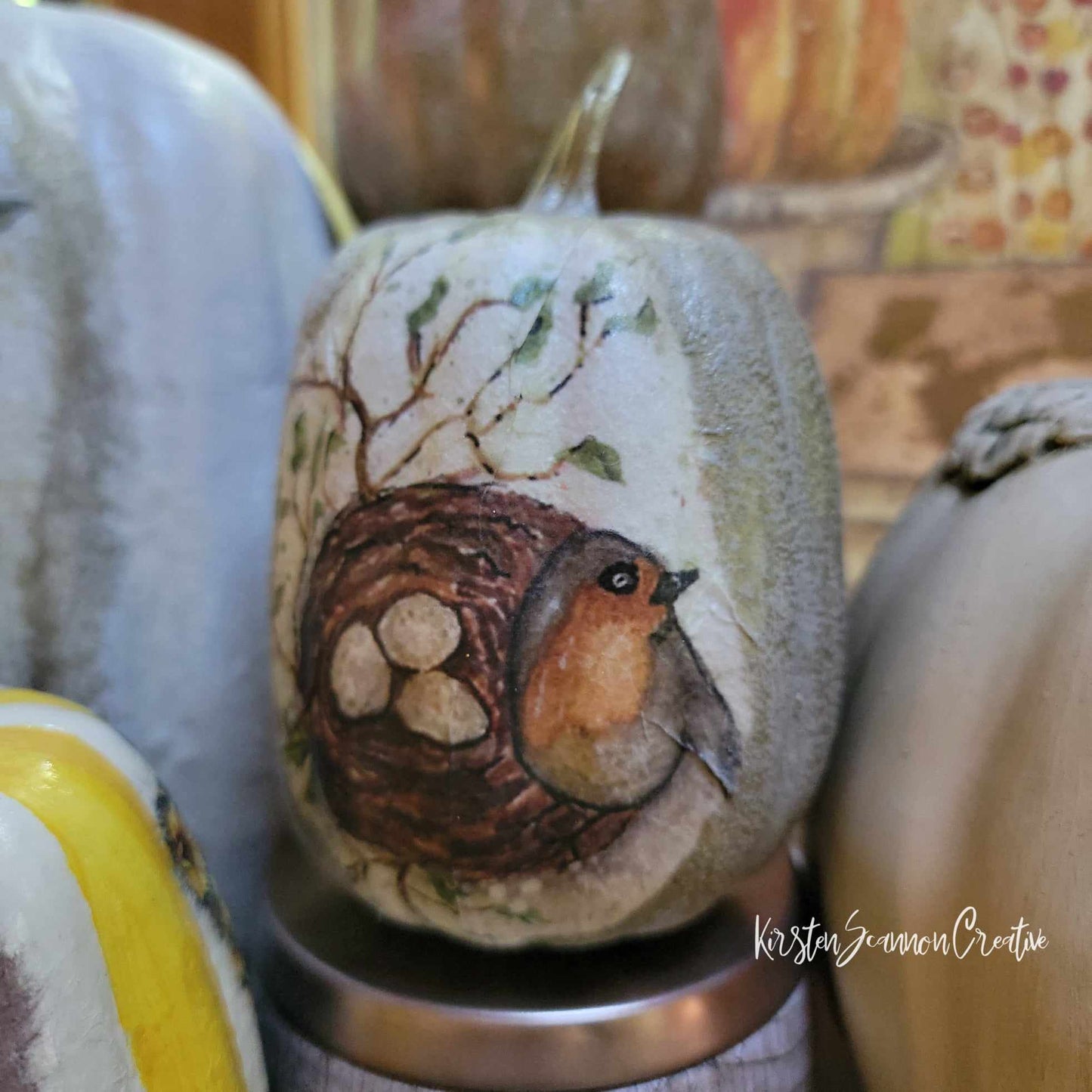 Bird Nest Decoupaged Foam Pumpkin Table Décor - Home Décor - Autumn - Fall