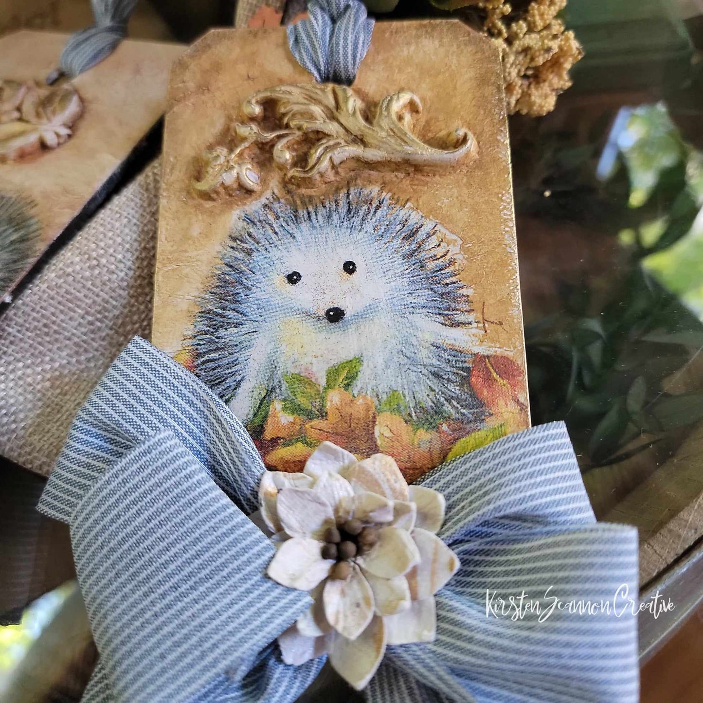 Hedgehog Love Decor Tags Duo, Mixed Media Art Tags Autumn-Fall Decor