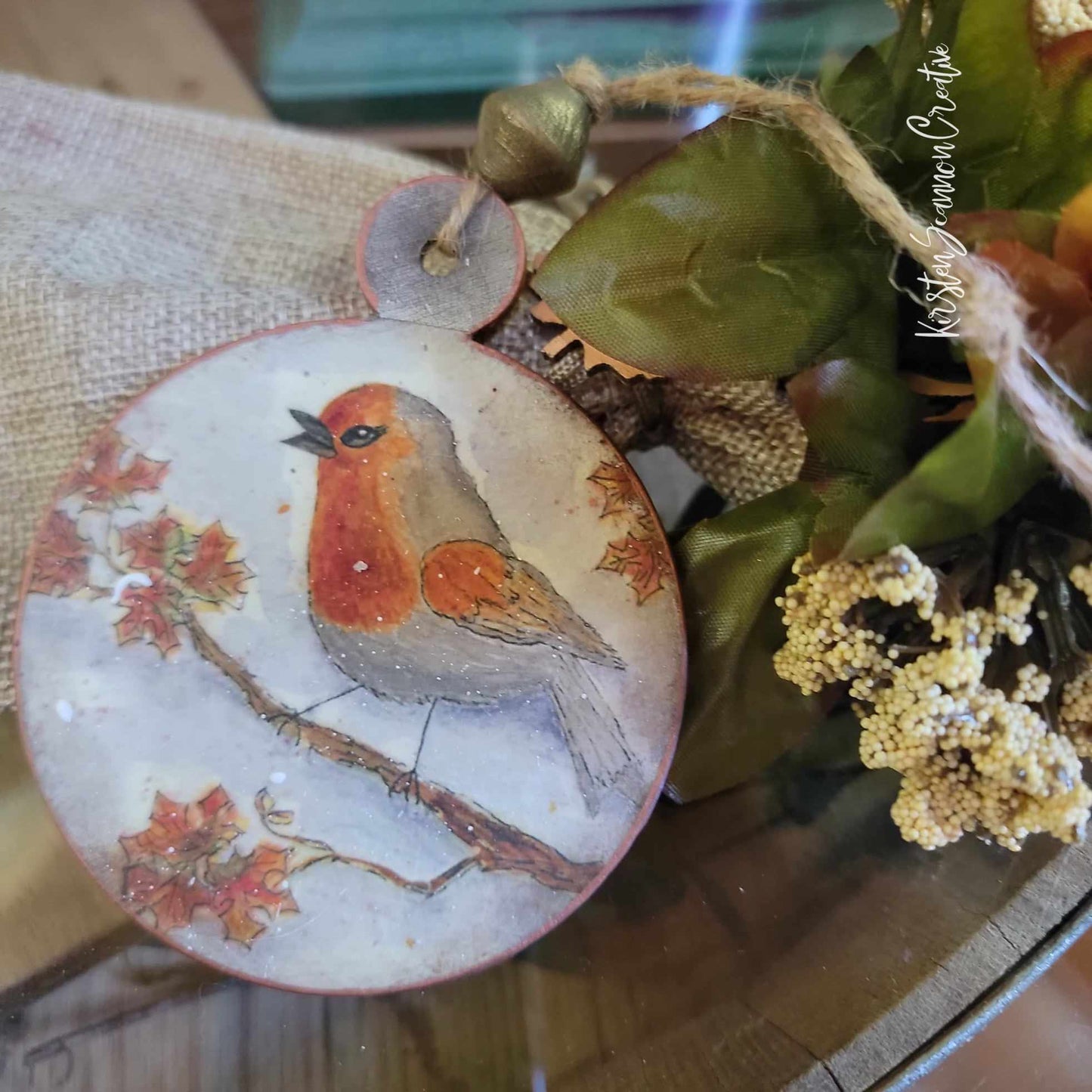 Sweet Bird with Leaves Decoupaged Ornament, Autumn-Fall Decor