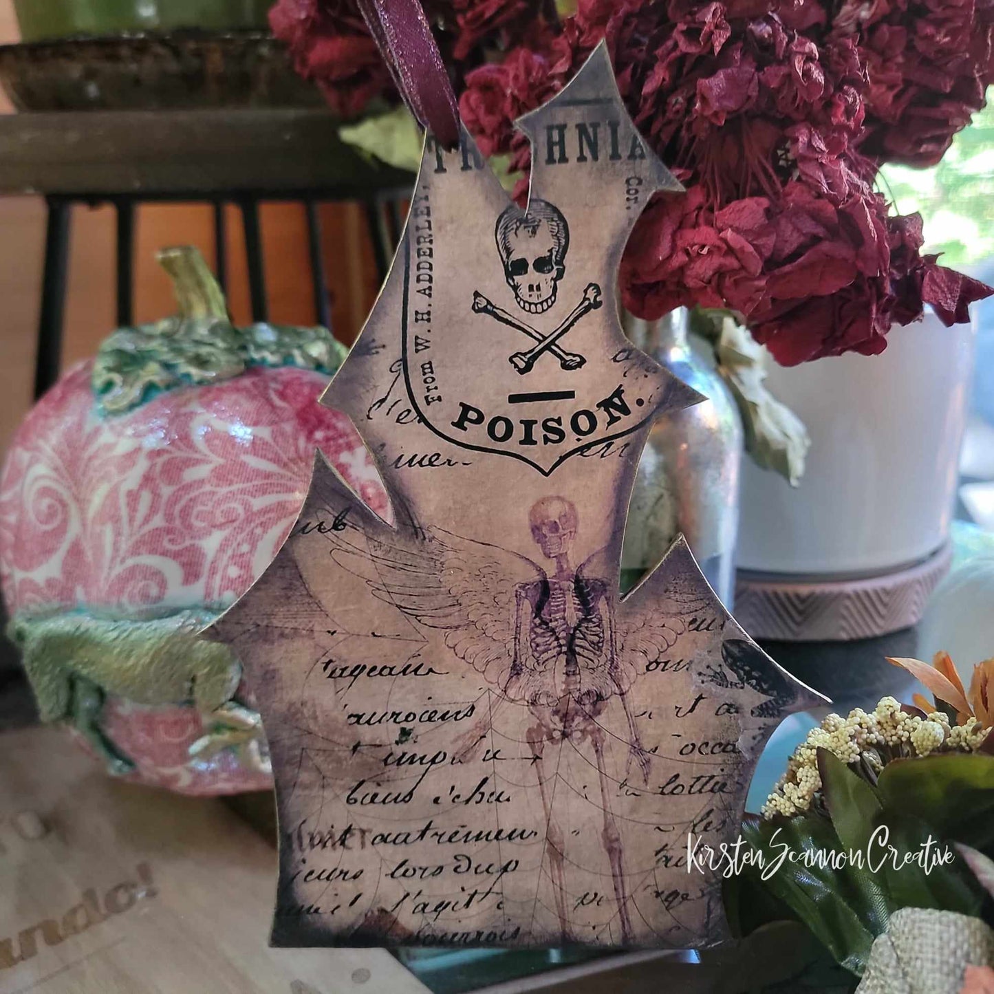 Spooky Haunted House Wallhanging Decoupaged Mixed Media Art Ornament, Autumn-Fall-Halloween Decor