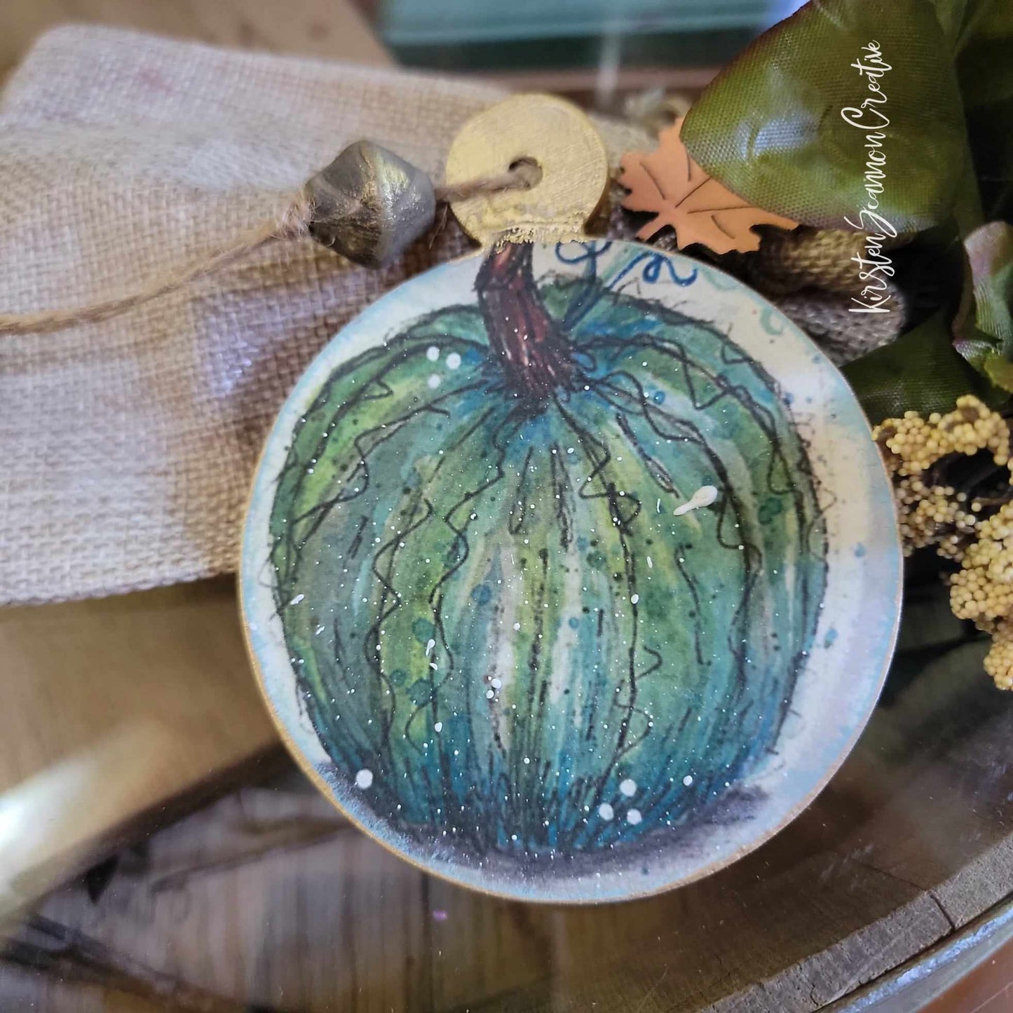 Teal Pumpkin Decoupaged Ornament, Autumn-Fall Decor