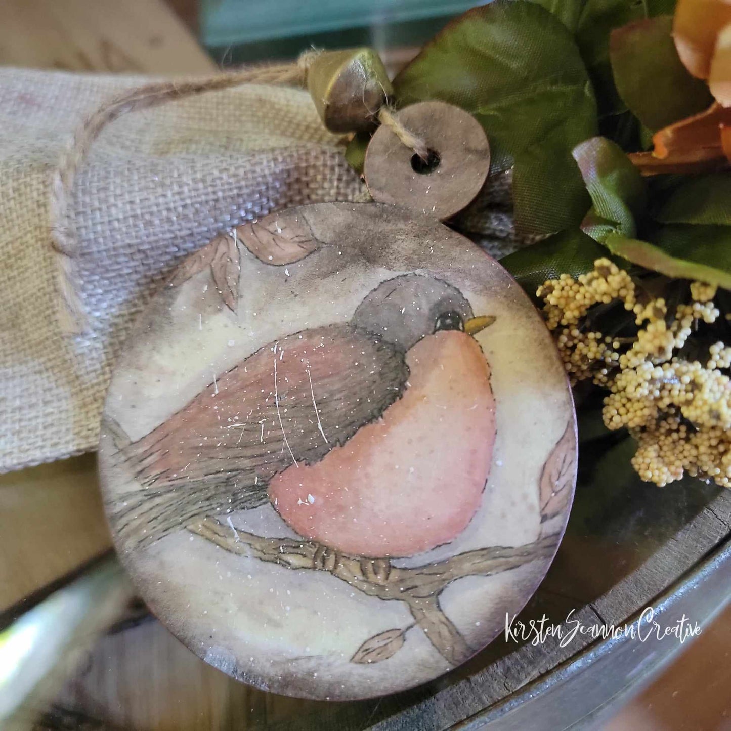 Bird on a Branch Decoupaged Ornament, Autumn-Fall Decor