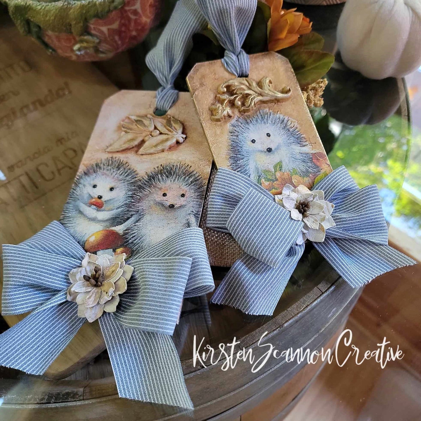 Hedgehog Love Decor Tags Duo, Mixed Media Art Tags Autumn-Fall Decor