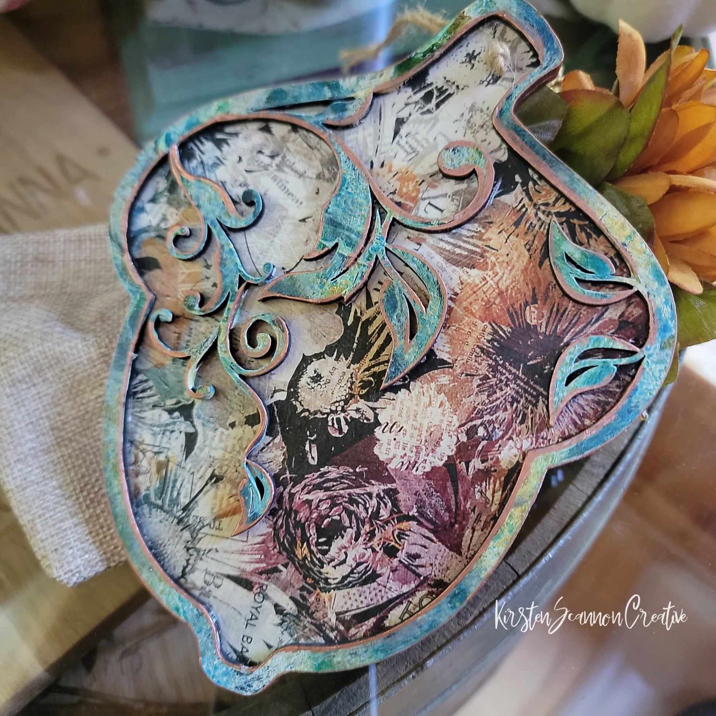 Floral Acorn Decoupaged Mixed Media Art Ornament, Autumn-Fall Decor