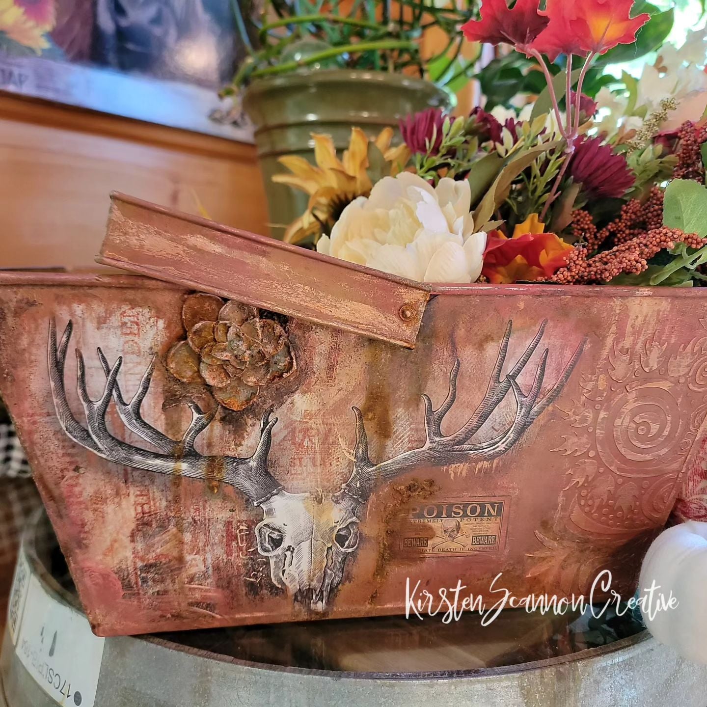 Skull Apothecary Vintage Upcycled Galvanized Metal Bucket