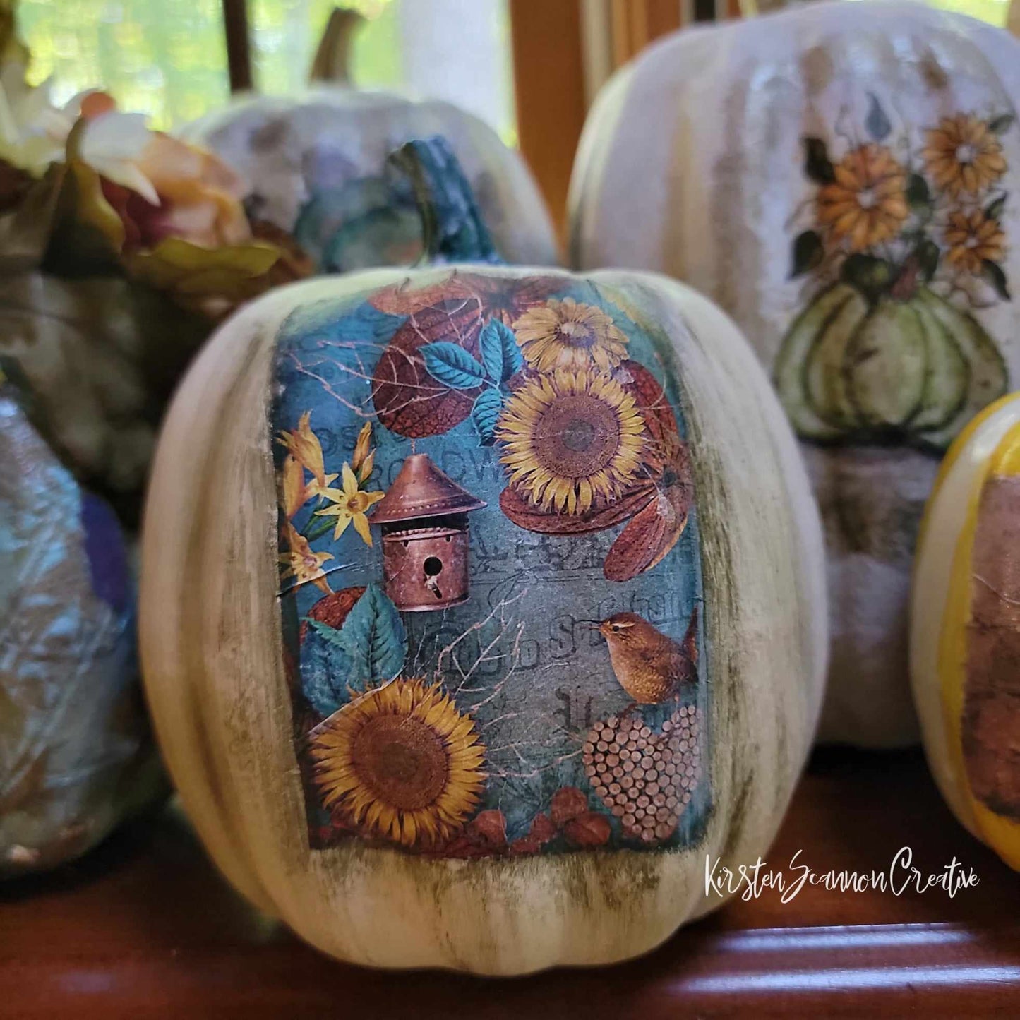 Sunflowers & Truck Scenes Decoupaged Foam Pumpkin Table Décor - Home Décor - Autumn - Fall