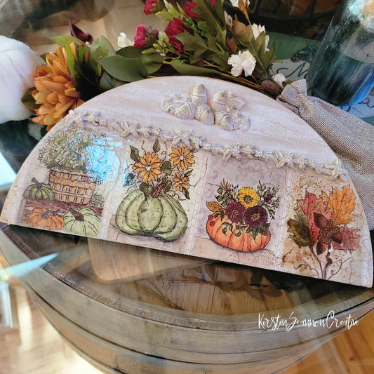 Acorns & Pumpkins Wallhanging Decoupaged Mixed Media Art Ornament, Autumn-Fall Decor