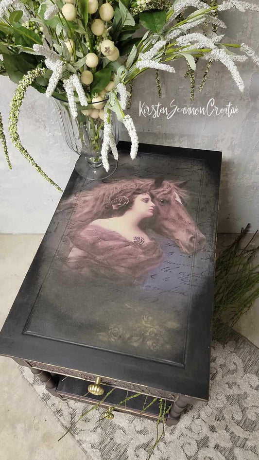 SOLD Equestrian Theme Vintage Hekman Side Table on Casters