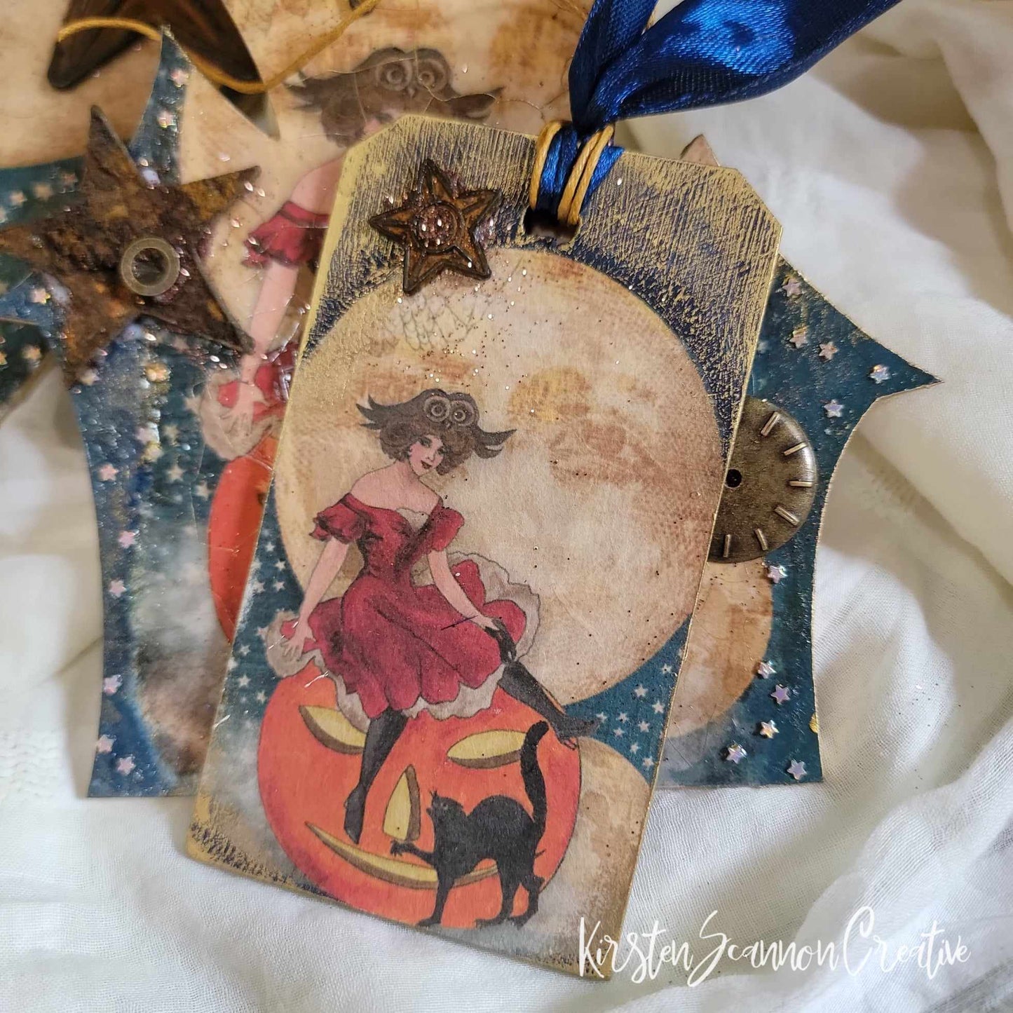Witch in a Red Dress Decorations Quartet Decoupaged Mixed Media Art Wallhanging Ornament, Halloween Decor