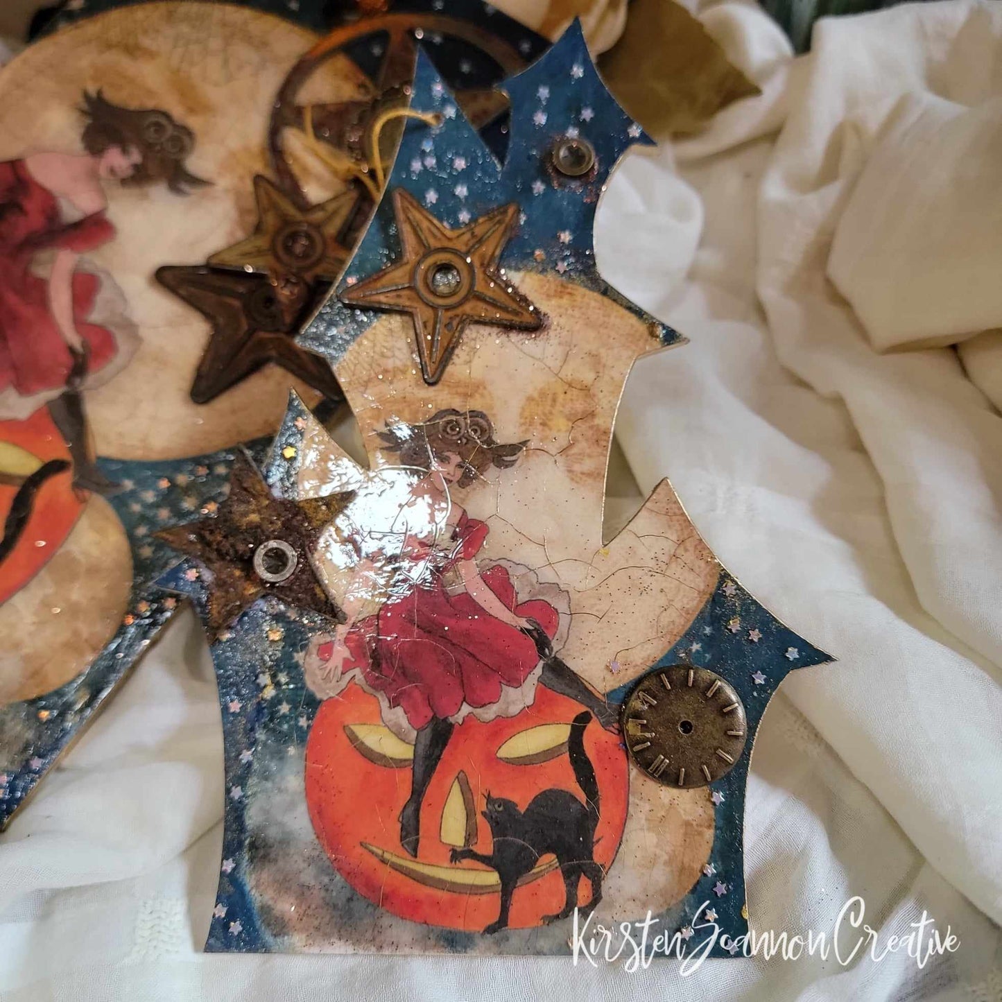 Witch in a Red Dress Decorations Quartet Decoupaged Mixed Media Art Wallhanging Ornament, Halloween Decor
