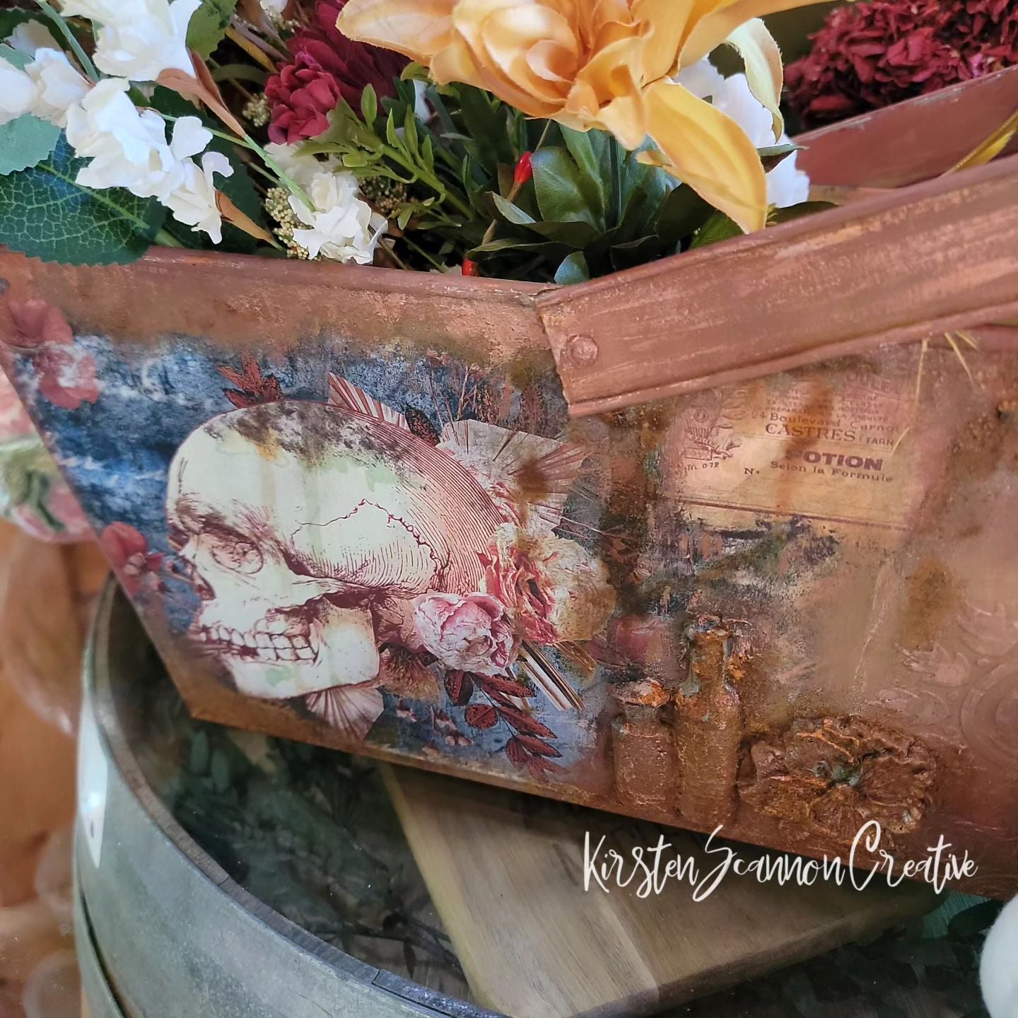 Skull Apothecary Vintage Upcycled Galvanized Metal Bucket