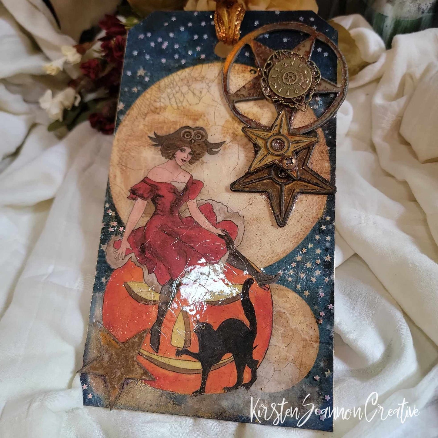 Witch in a Red Dress Decorations Quartet Decoupaged Mixed Media Art Wallhanging Ornament, Halloween Decor