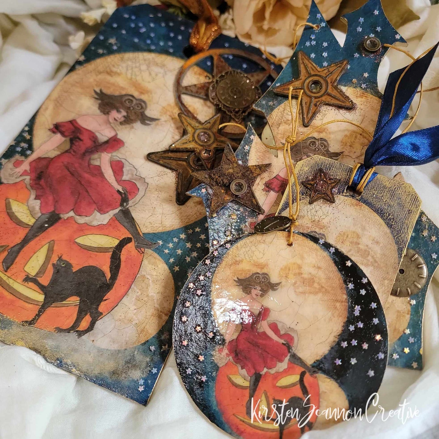 Witch in a Red Dress Decorations Quartet Decoupaged Mixed Media Art Wallhanging Ornament, Halloween Decor