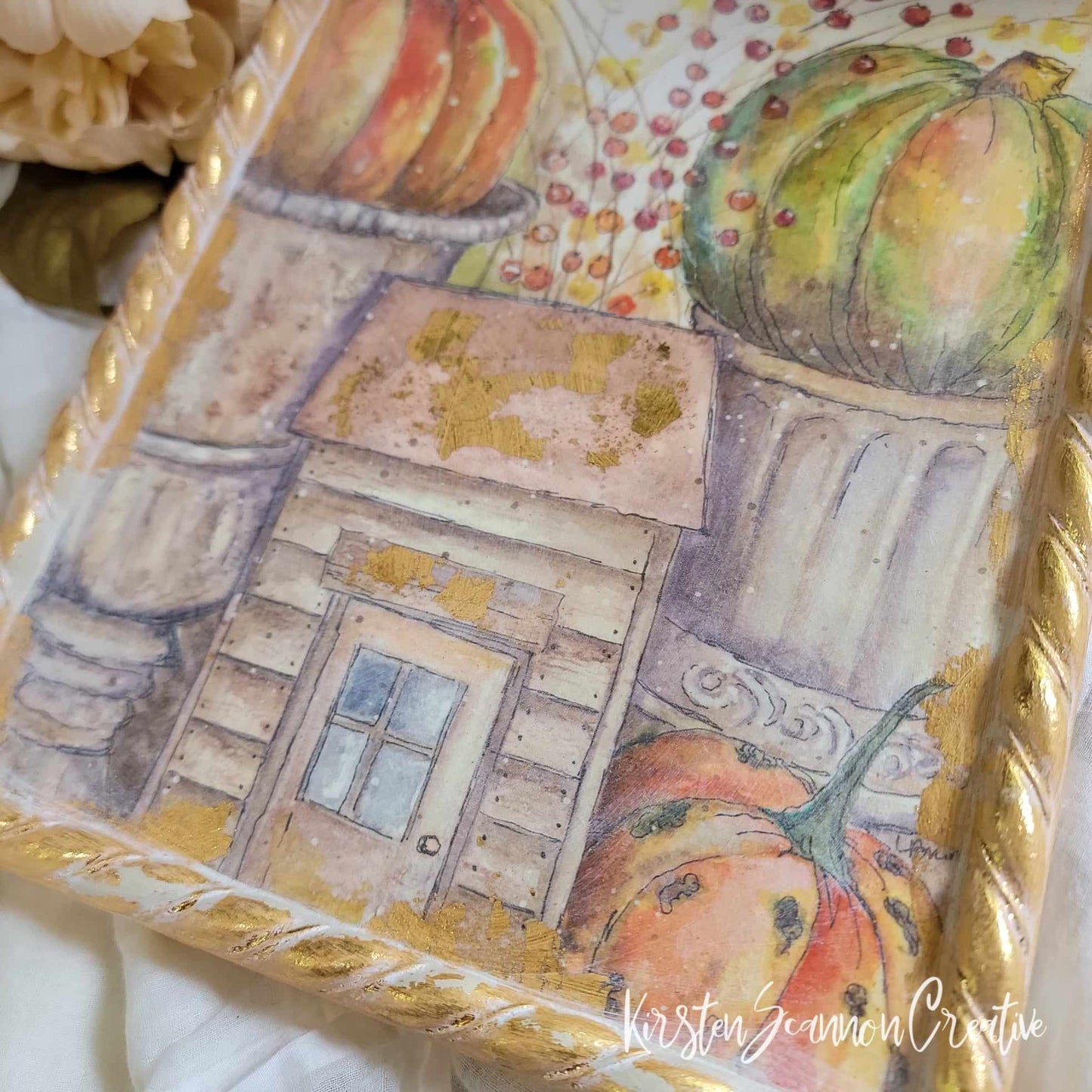 The Pumpkin House Decoupaged Mixed Media Canvas Art - Home Décor - Autumn - Fall