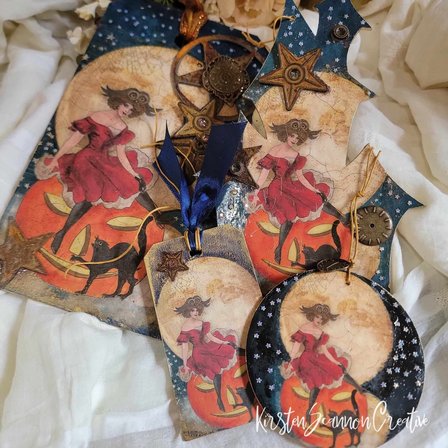 Witch in a Red Dress Decorations Quartet Decoupaged Mixed Media Art Wallhanging Ornament, Halloween Decor
