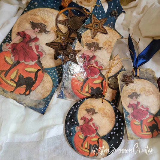 Witch in a Red Dress Decorations Quartet Decoupaged Mixed Media Art Wallhanging Ornament, Halloween Decor