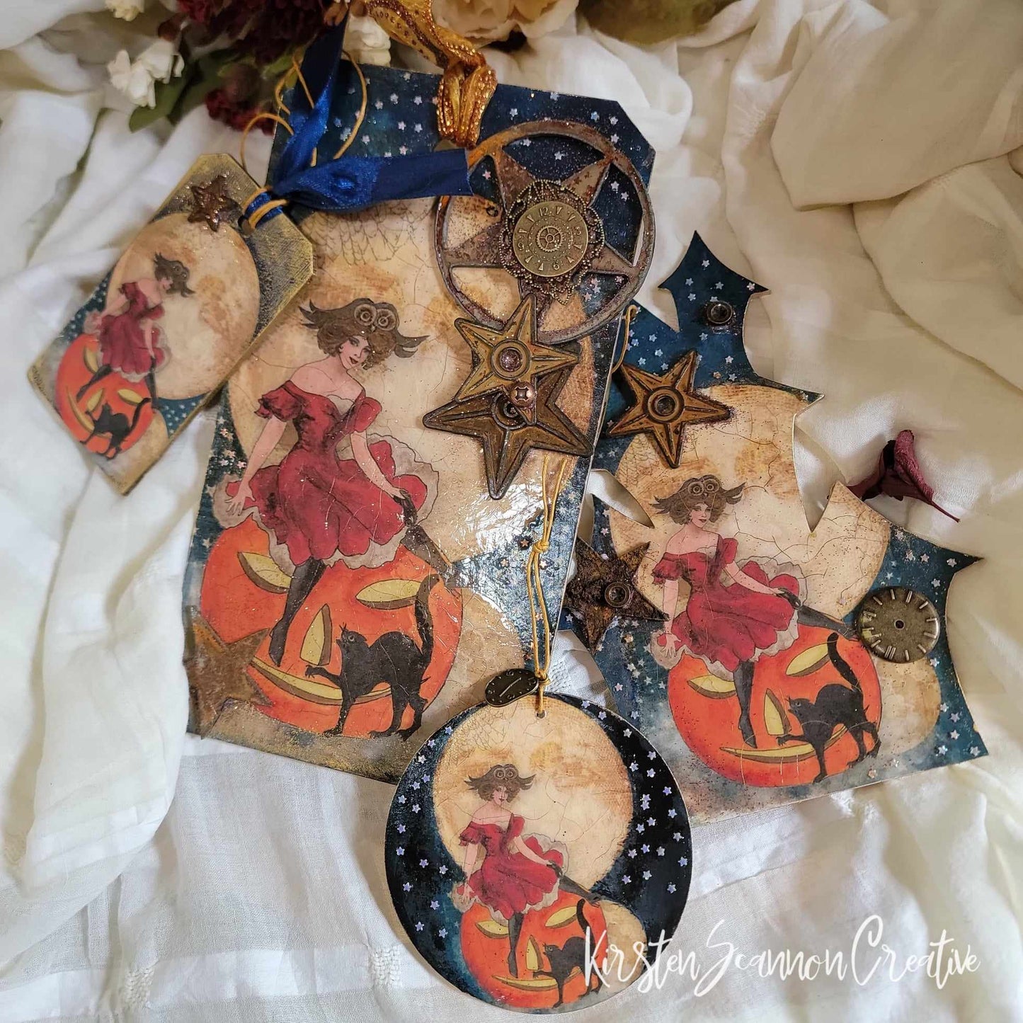 Witch in a Red Dress Decorations Quartet Decoupaged Mixed Media Art Wallhanging Ornament, Halloween Decor