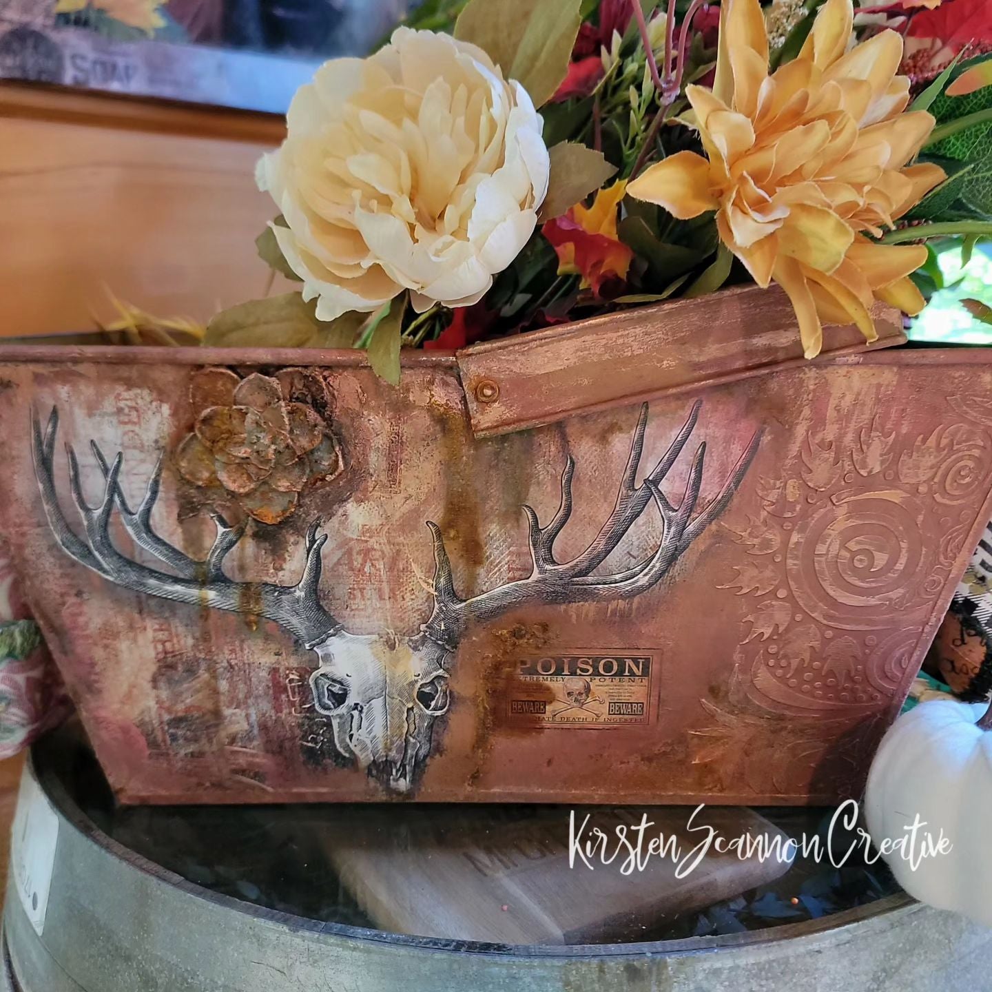 Skull Apothecary Vintage Upcycled Galvanized Metal Bucket